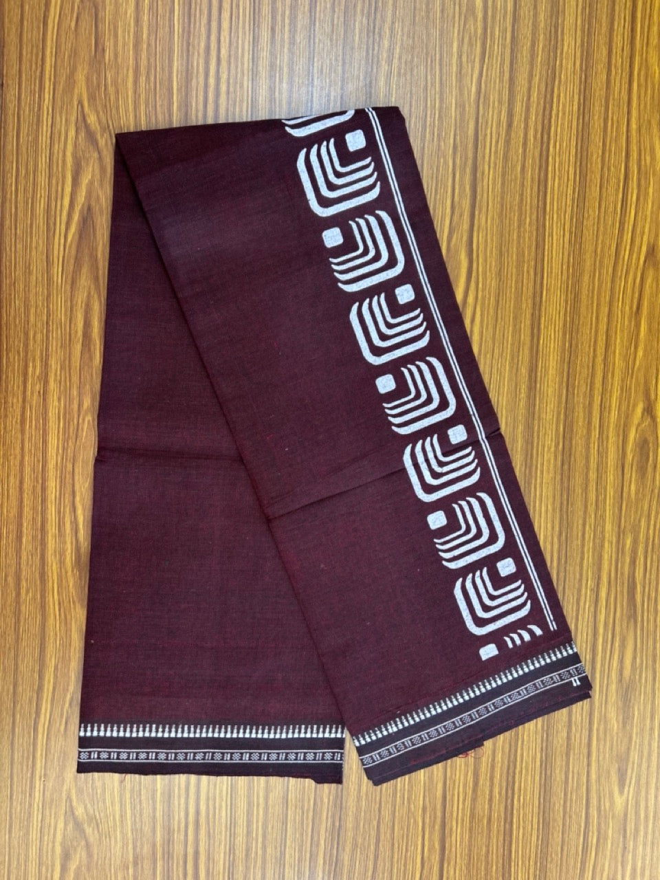 Kaitharikada - Polyster + Cotton - 20s twisted - Single Kaily / Lungi - 2.5 inch White Printed Kuppadam Border with Dark Maroon colour body (2 meter / 4 muzham) - 74 KK8035 GAN