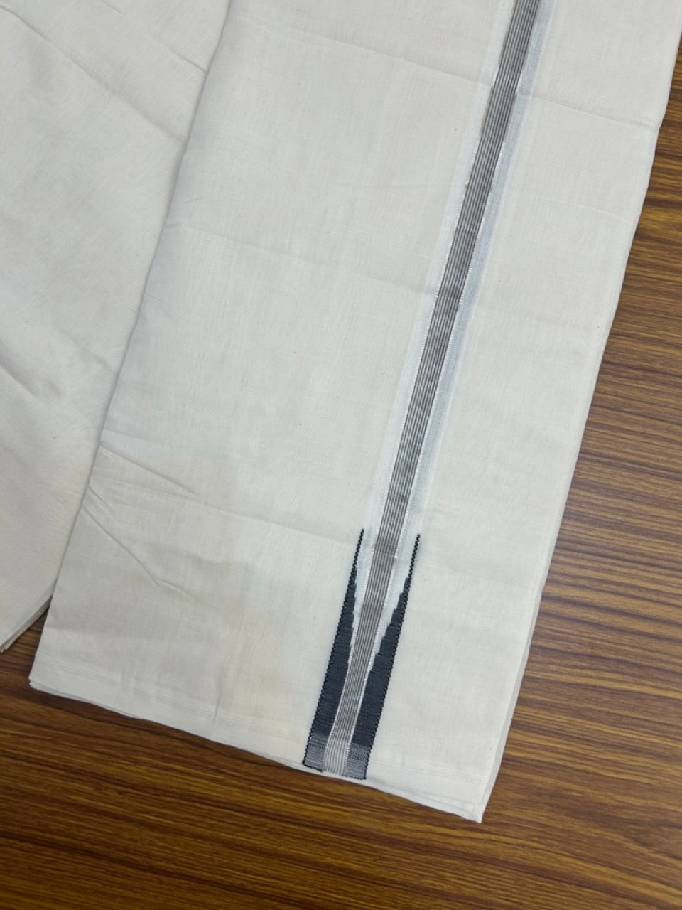 25% Discount ! KaithariKada Handloom Millpaav Balaramapuram - 100% Pure Cotton Off White Double - (Unbleached) Mundu/Dothi - 80X90 - 1 inch Puliyilakkara Silver Kasav & Black Stripes chutty Kara 4 mtr (8.5 Muzham) - 135 KK5236 RAM