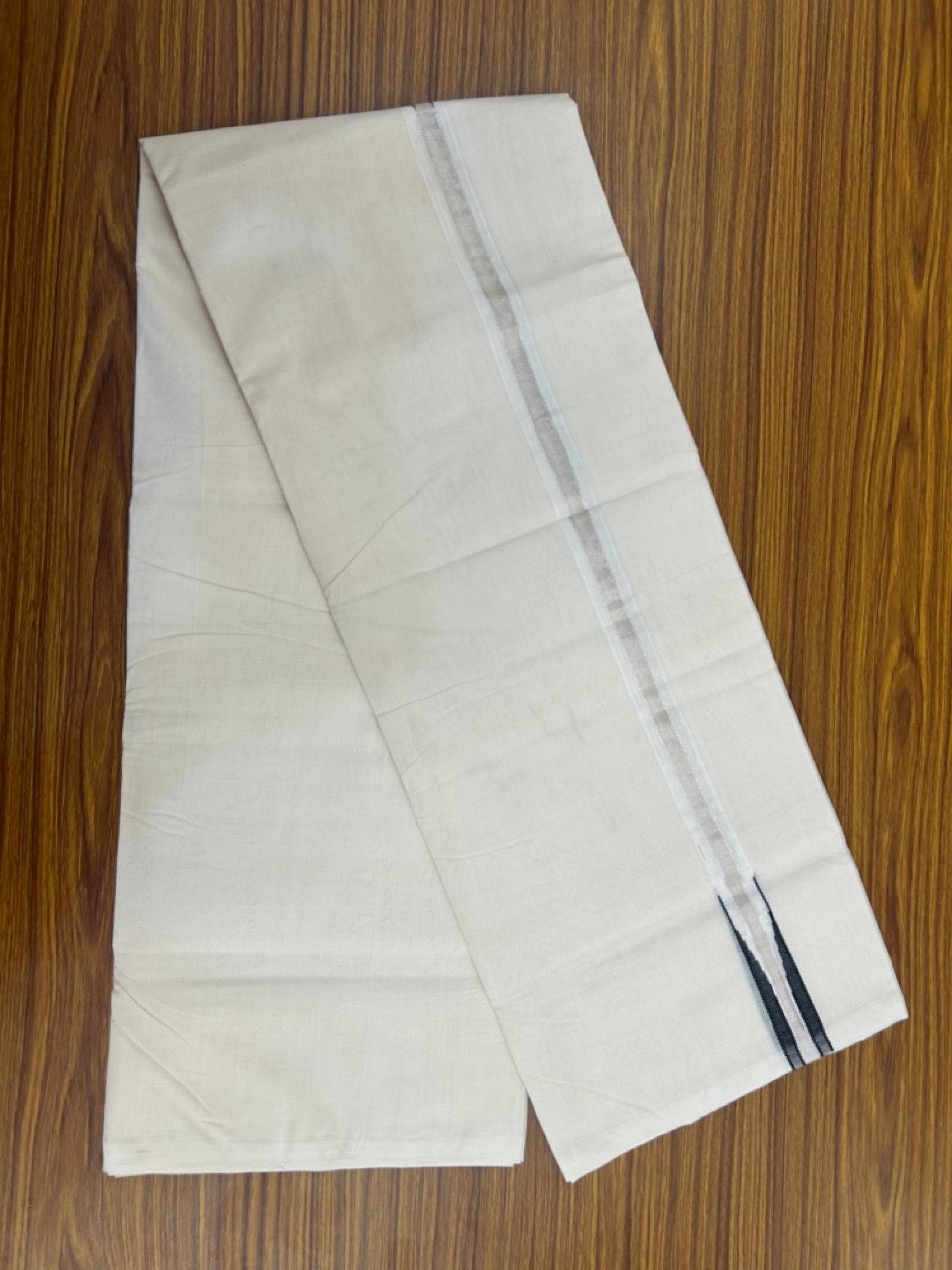 25% Discount ! KaithariKada Handloom Millpaav Balaramapuram - 100% Pure Cotton Off White Double - (Unbleached) Mundu/Dothi - 80X90 - 1 inch Puliyilakkara Silver Kasavu & Black chutty Kara 4 mtr (8.5 Muzham) - 126 KK5236 RAM