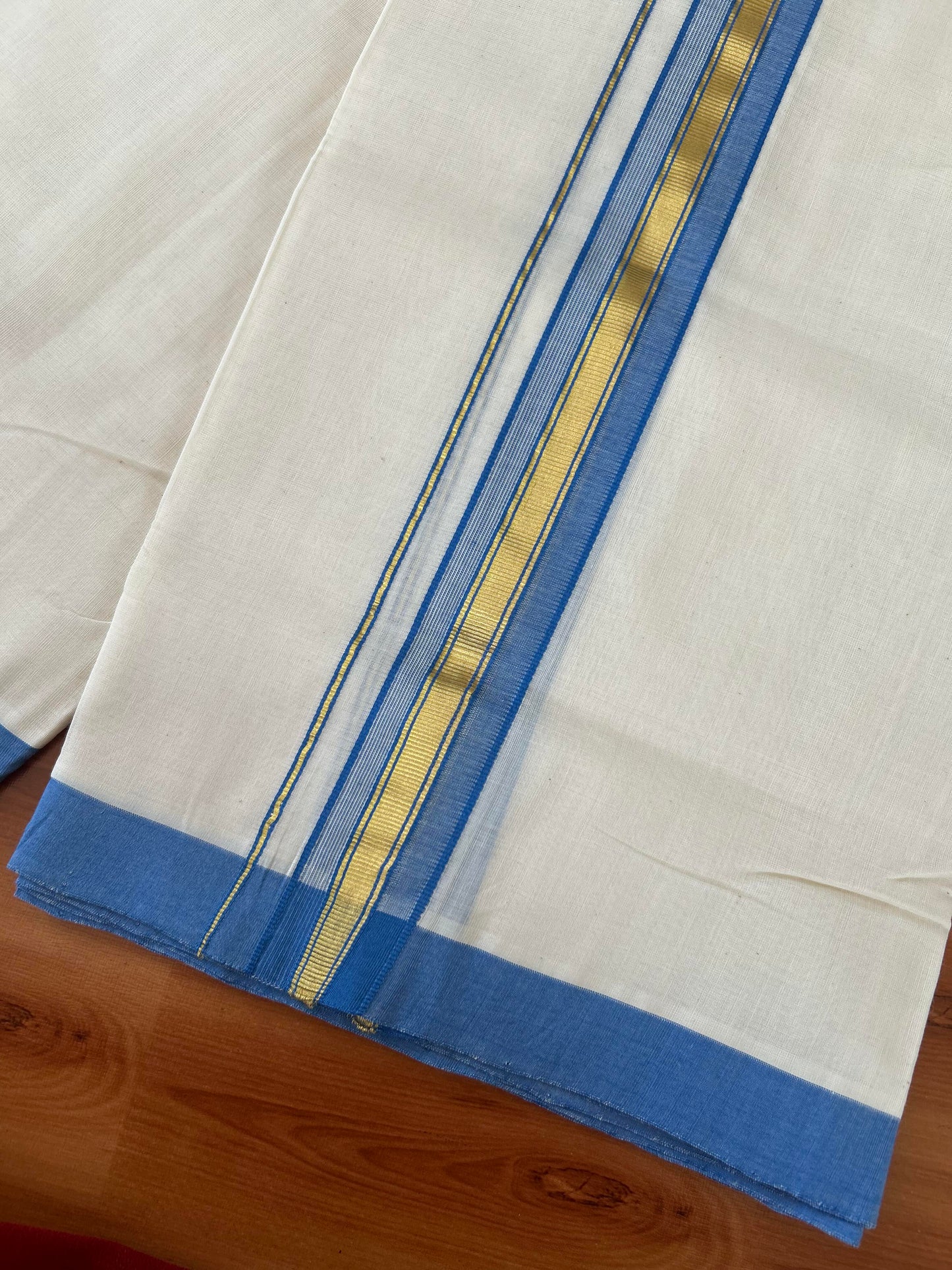 25% Discount! KaithariKada Handloom Millpaav - Kerala Handloom - Cotton Double Mundu/Dhoti Off white (Unbleached) - 80x90 - 1.5 inch Gold Kasav Ocean Blue Kara 4.00 meter (8.5 Muzham) - 16 KK5386 RAM