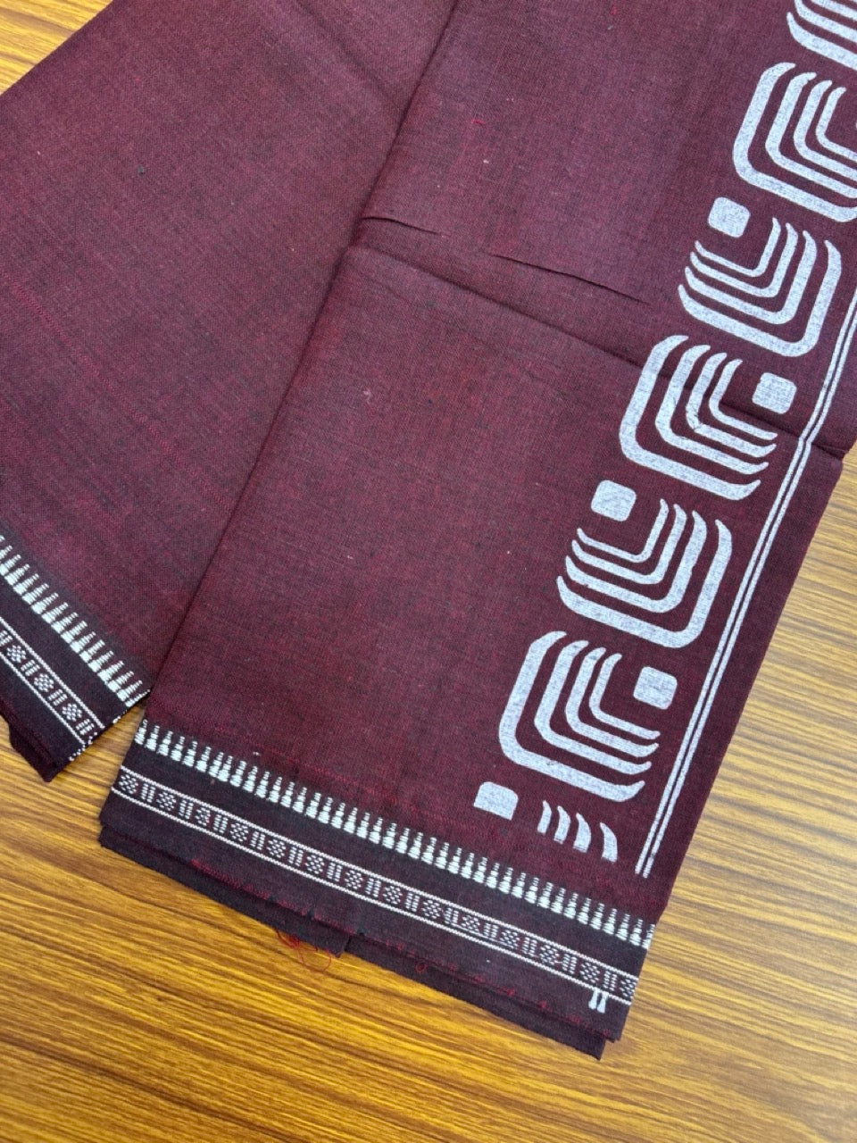 Kaitharikada - Polyster + Cotton - 20s twisted - Single Kaily / Lungi - 2.5 inch White Printed Kuppadam Border with Dark Maroon colour body (2 meter / 4 muzham) - 74 KK8035 GAN