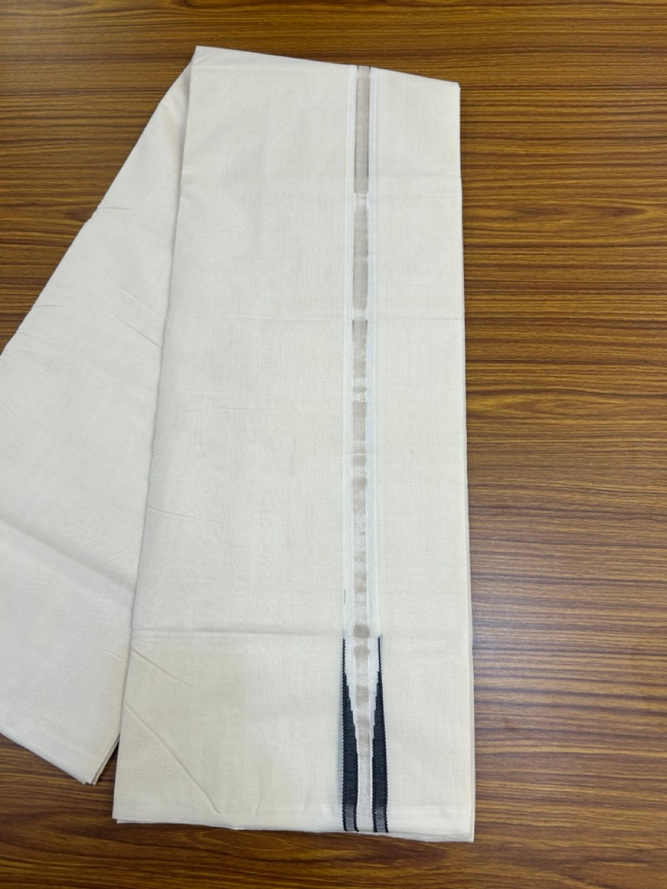 25% Discount ! KaithariKada Handloom Millpaav Balaramapuram - 100% Pure Cotton Off White Double - (Unbleached) Mundu/Dothi - 80X90 - 1 inch Puliyilakkara Silver Kasavu & Black chutty Kara 4 mtr (8.5 Muzham) - 126 KK5236 RAM