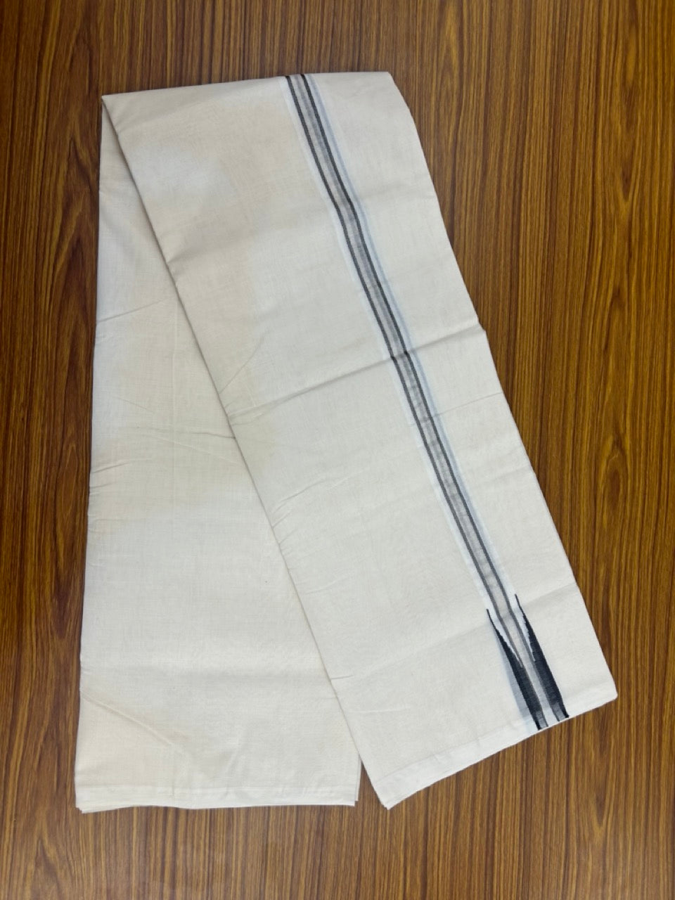25% Discount ! KaithariKada Handloom Millpaav Balaramapuram - 100% Pure Cotton Off White Double - (Unbleached) Mundu/Dothi - 80X90 - 1 inch Puliyilakkara Silver Kasav & Black chutty Kara 4 mtr (8.5 Muzham) - 134 KK5236 RAM
