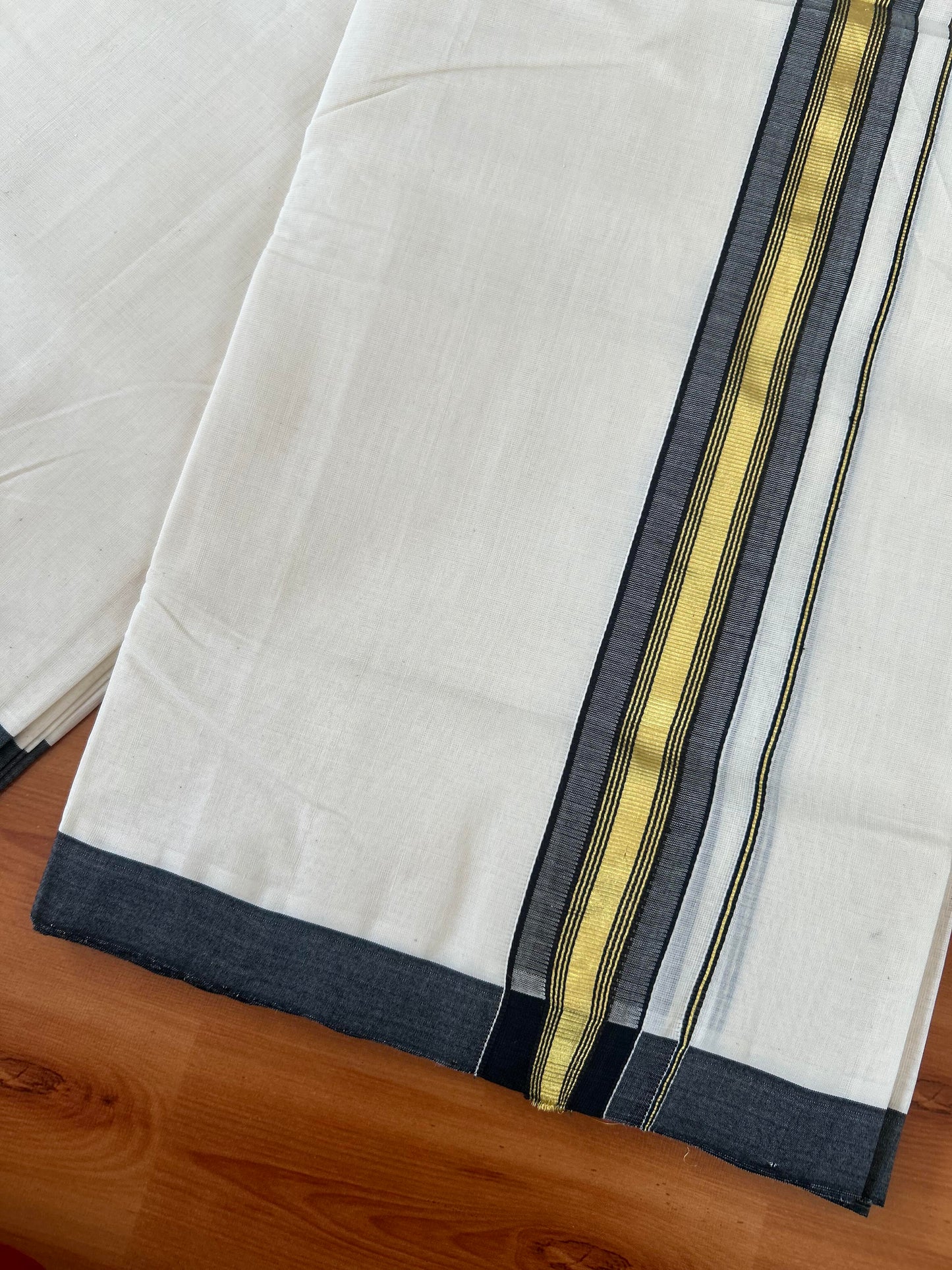 25% Discount! KaithariKada Handloom Millpaav - Kerala Handloom - Cotton Double Mundu/Dhoti Off white (Unbleached) - 80x90 - 1.75 inch Gold Kasav Black Stripes Kara 4.00 meter (8.5 Muzham) - 18 KK5386 RAM