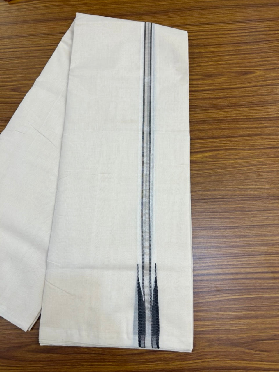 25% Discount ! KaithariKada Handloom Millpaav Balaramapuram - 100% Pure Cotton Off White Double - (Unbleached) Mundu/Dothi - 80X90 - 1 inch Puliyilakkara Silver Kasav & Black chutty Kara 4 mtr (8.5 Muzham) - 134 KK5236 RAM