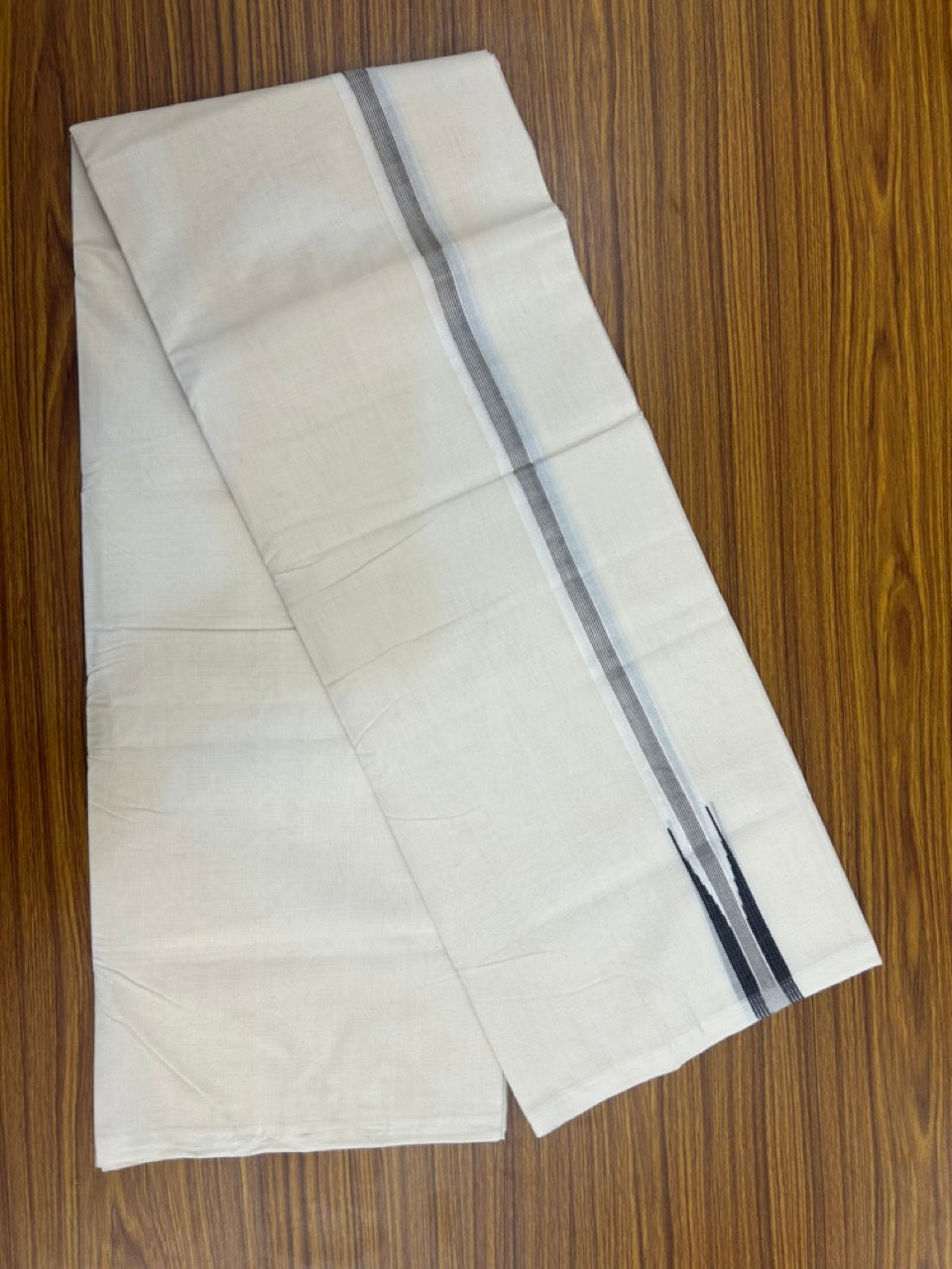 25% Discount ! KaithariKada Handloom Millpaav Balaramapuram - 100% Pure Cotton Off White Double - (Unbleached) Mundu/Dothi - 80X90 - 1 inch Puliyilakkara Silver Kasav & Black Stripes chutty Kara 4 mtr (8.5 Muzham) - 138 KK5236 RAM