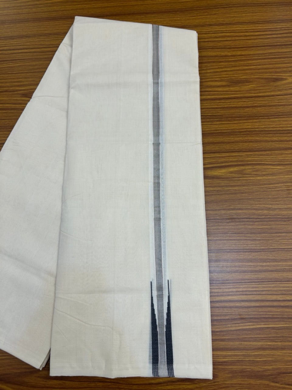 25% Discount ! KaithariKada Handloom Millpaav Balaramapuram - 100% Pure Cotton Off White Double - (Unbleached) Mundu/Dothi - 80X90 - 1 inch Puliyilakkara Silver Kasav & Black Stripes chutty Kara 4 mtr (8.5 Muzham) - 138 KK5236 RAM