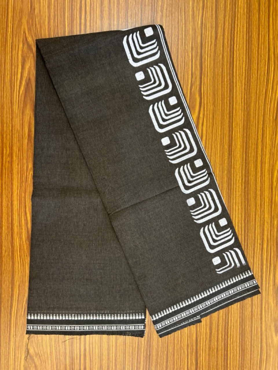 Kaitharikada - Polyster + Cotton - 20s twisted - Single Kaily / Lungi - 2.5 inch White Printed Kuppadam Border with Dark Brown colour body (2 meter / 4 muzham) - 80 KK8035 GAN