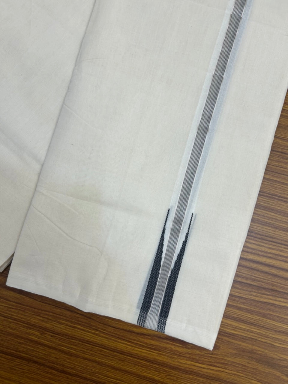 25% Discount ! KaithariKada Handloom Millpaav Balaramapuram - 100% Pure Cotton Off White Double - (Unbleached) Mundu/Dothi - 80X90 - 1 inch Puliyilakkara Silver Kasav & Black Stripes chutty Kara 4 mtr (8.5 Muzham) - 138 KK5236 RAM