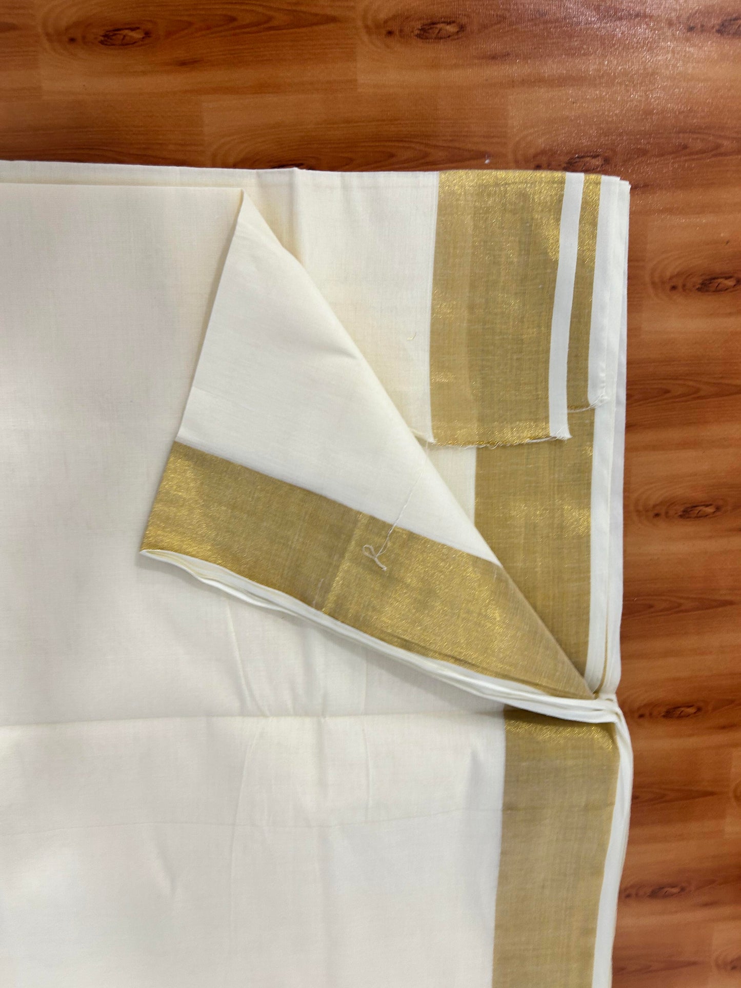 25% Discount! Kaitharikada Kerala Traditional Saree Off white- Mixed Cotton Kasav Saree - 2.75 Inch Pallu - Gold Kasav Kara - 56 KK7000 PMC