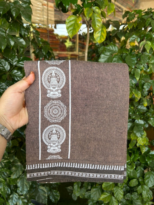 ₹239+80 (Shipping) Kaitharikada - Single Kaily / Lungi - Polyster + Cotton - 20s twisted  - 2.75 inch White Kadhakali Printed Kuppadam Border with Brown colour body (2 meter / 4 muzham) -  61 KK8035 GAN