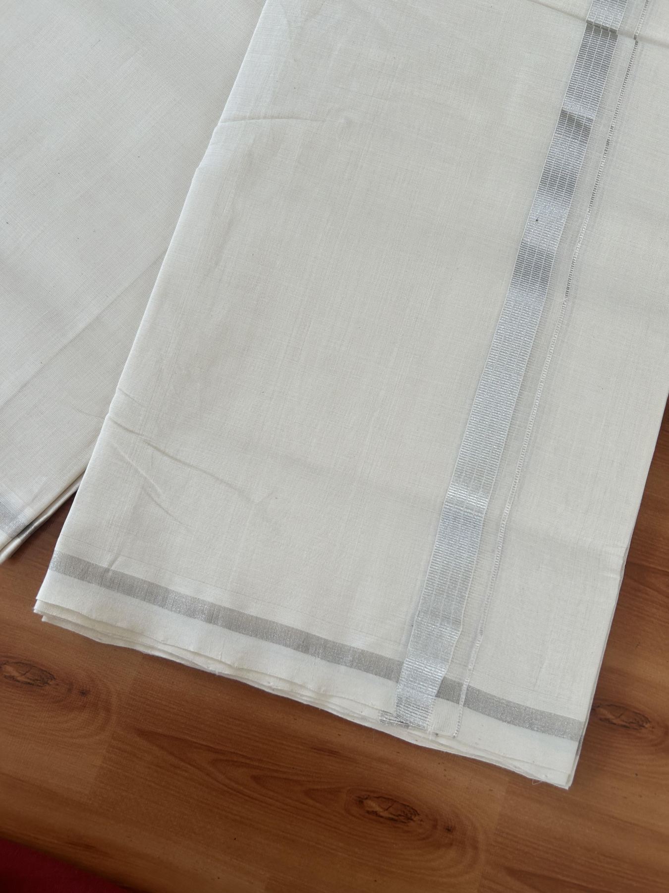 25% Discount ! KaithariKada Handloom Millpaav - Kerala Handloom - 100% Pure Cotton Off White (Unbleached) Double Mundu/Dhoti - 80x90 - 0.75 inch Silver Kasav striped Kara 4 Meters (8.5 Muzham) - 45 KK5386 RAM