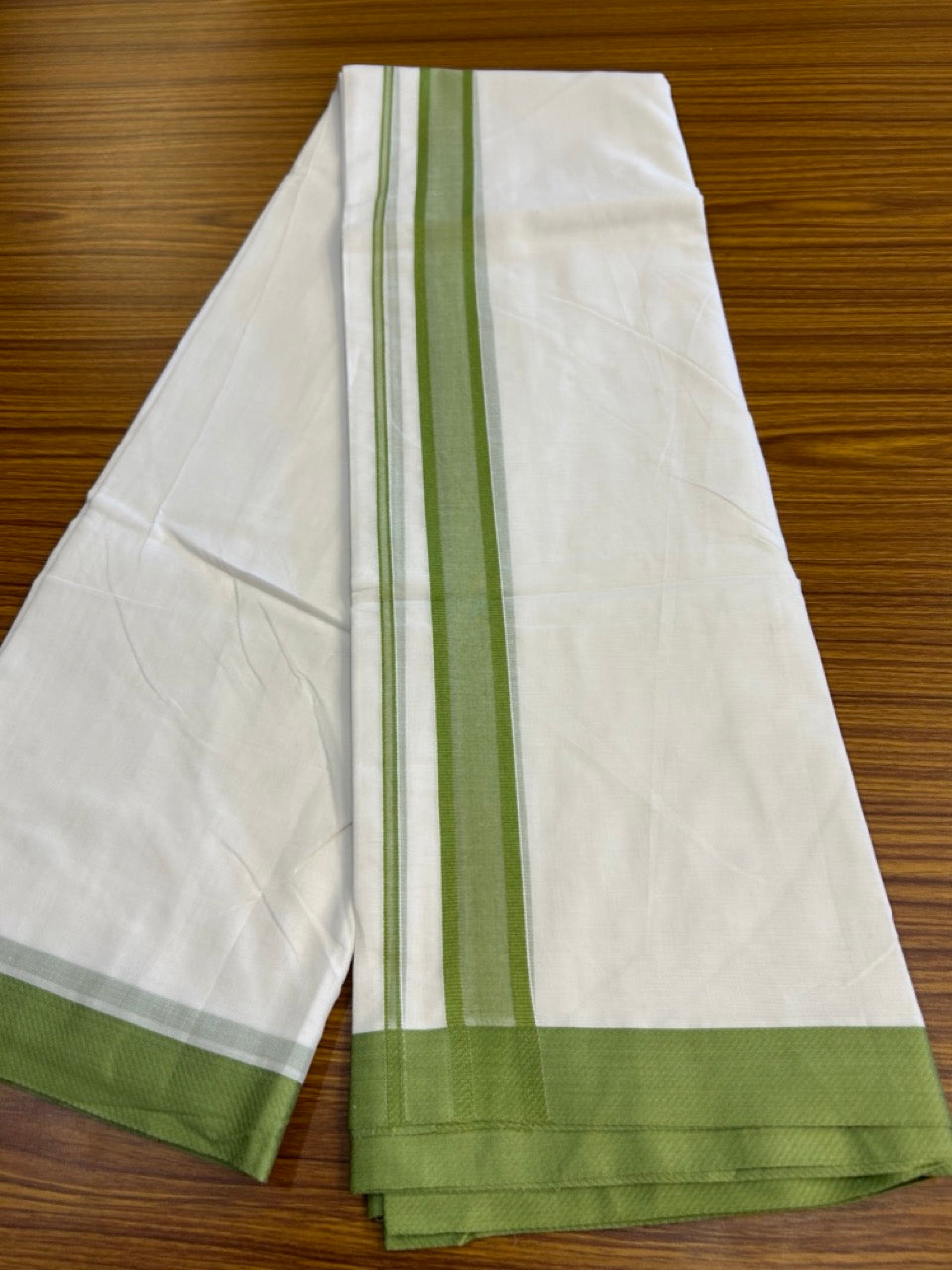 20% Discount! KaithariKada Balaramapuram 100% Mercerised Cotton Double Ultra Pure white Mundu/Dhoti - 80x80 - 1.25 inch Pista Green shaded Kara - 119 KK5251 PMC