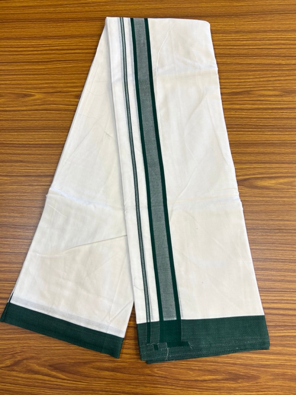20% Discount! KaithariKada Balaramapuram 100% Mercerised Cotton Double Ultra Pure white Mundu/Dhoti - 80x80 - 1.5 inch Green shaded Kara - 121 KK5251 PMC