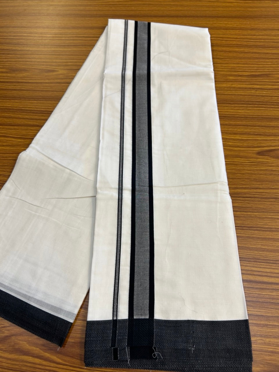 20% Discount! KaithariKada Balaramapuram 100% Mercerised Cotton Double Ultra Pure white Mundu/Dhoti - 80x80 - 1.5 inch Black shaded Kara - 120 KK5251 PMC
