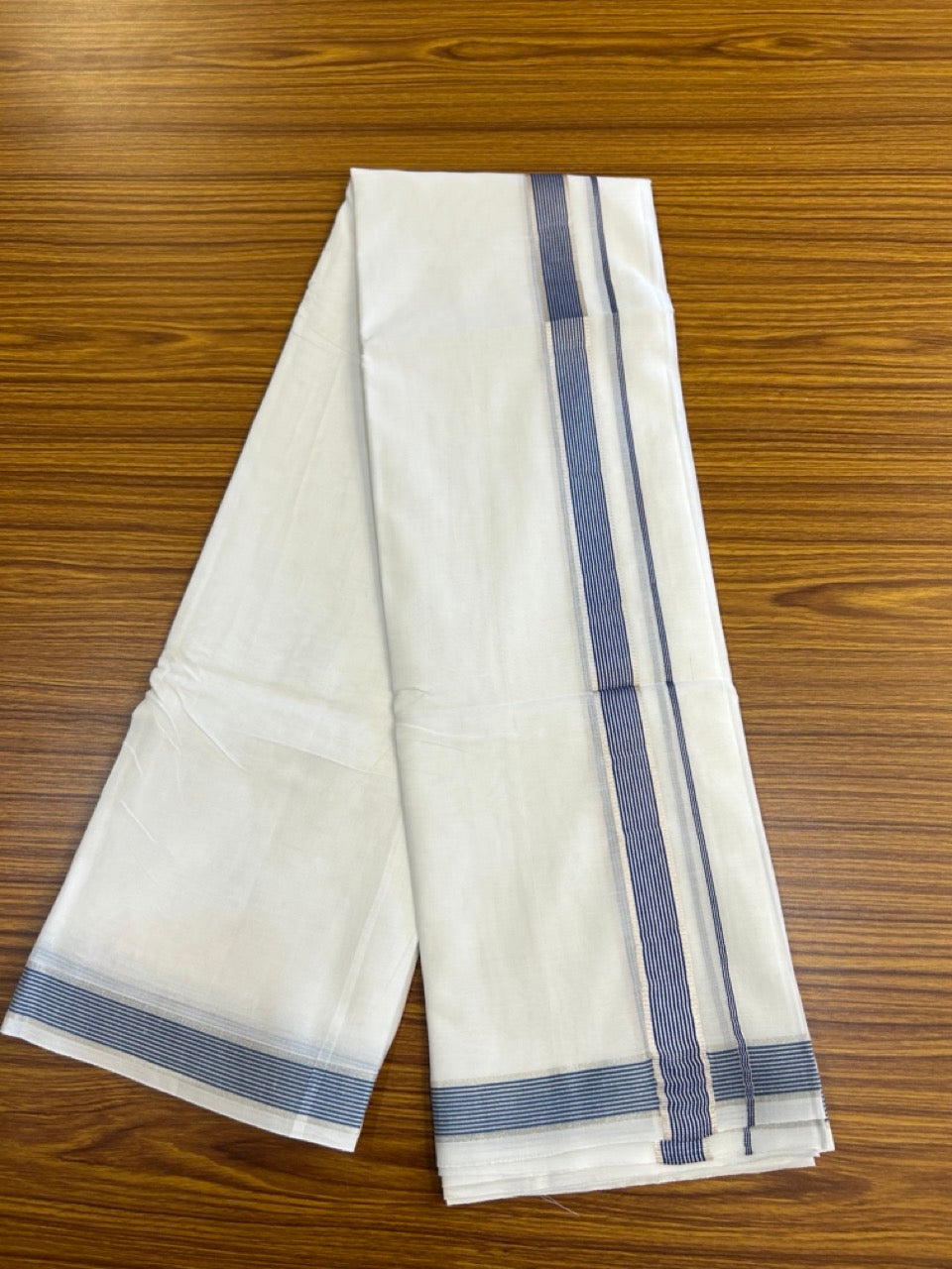 20% Discount ! KaithariKada Balaramapuram 100% Mercerised Cotton Double Ultra Pure white Mundu/Dhoti - 80x80 - 1.25 inch Blue & Silver Kasavu Striped Kara - 109 KK5251 PMC