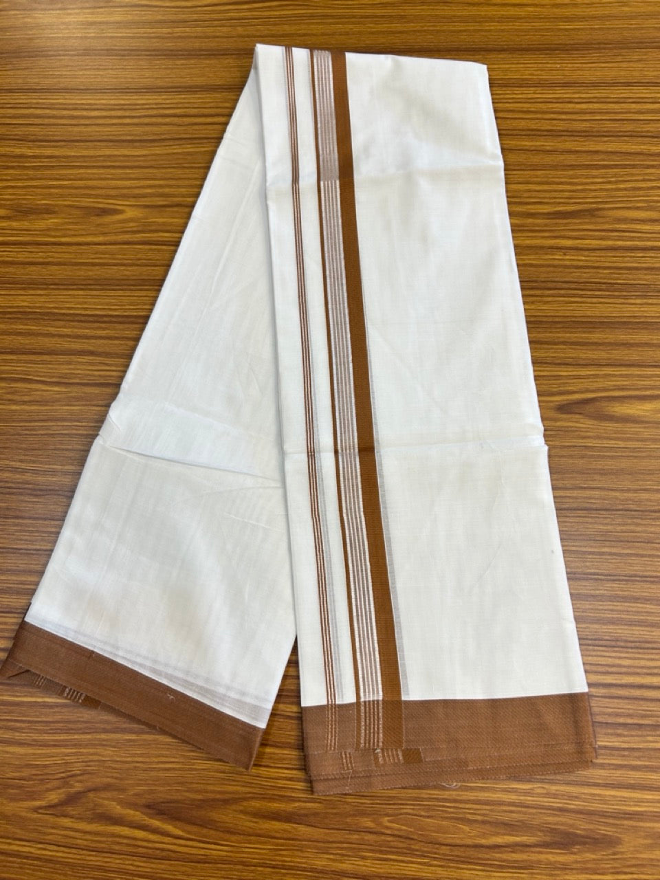 23% Discount! KaithariKada Balaramapuram 100% Mercerised Cotton Double Ultra Pure white Mundu/Dhoti - 80x80 - 1.25 inch Silver Kasavu & Walnut Brown striped Kara - 116 KK5251 PMC