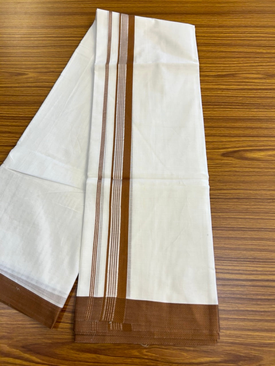 23% Discount! KaithariKada Balaramapuram 100% Mercerised Cotton Double Ultra Pure white Mundu/Dhoti - 80x80 - 1.25 inch Silver Kasavu & Walnut Brown striped Kara - 116 KK5251 PMC