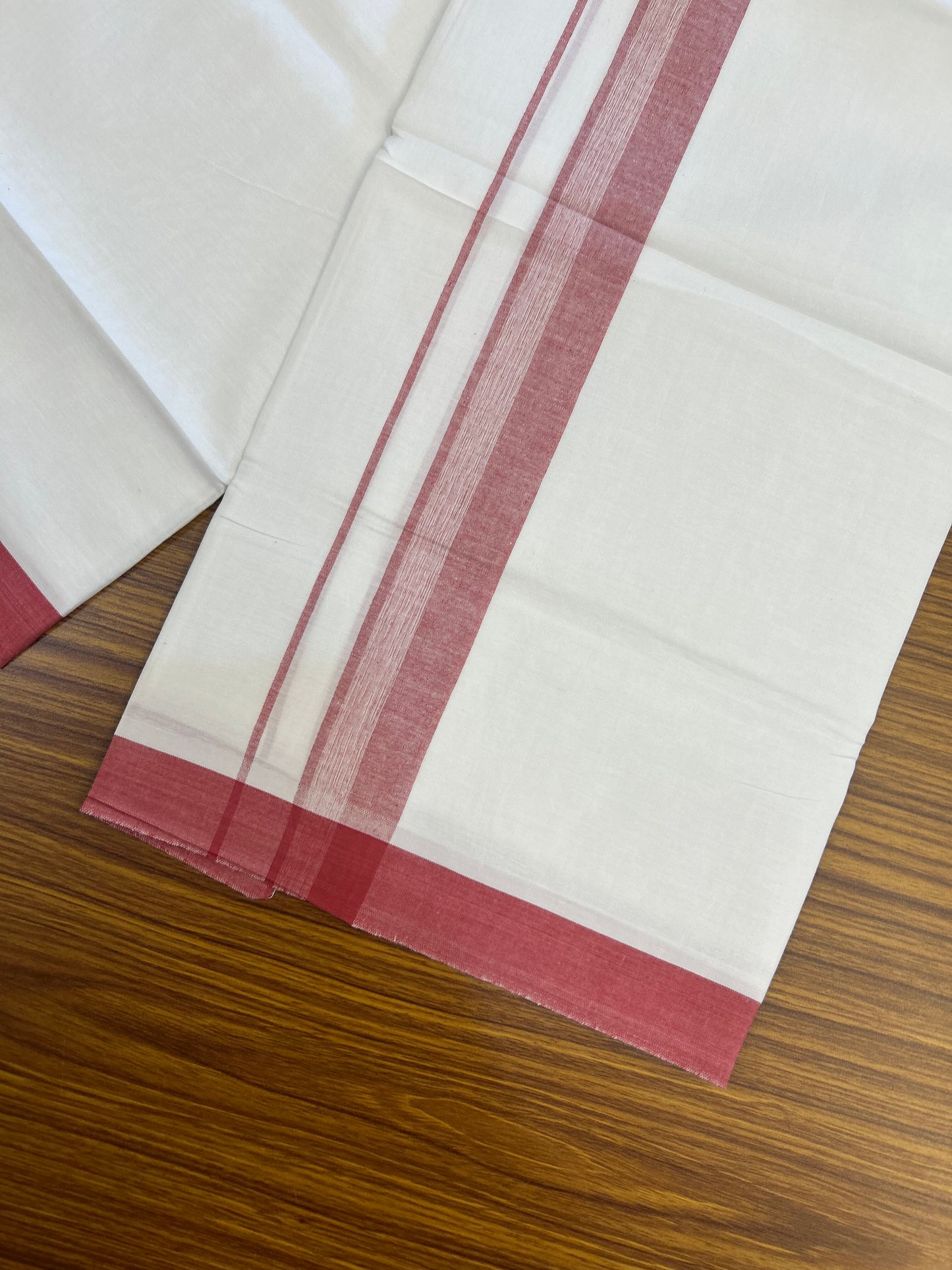 KaithariKada Balaramapuram 100% Cotton Single Pure White Mundu/Dhoti - (40s) - 1.5 inch Maroon Shaded Stripes kara 2 mtr (4 muzham) - 66 KK5371 THI