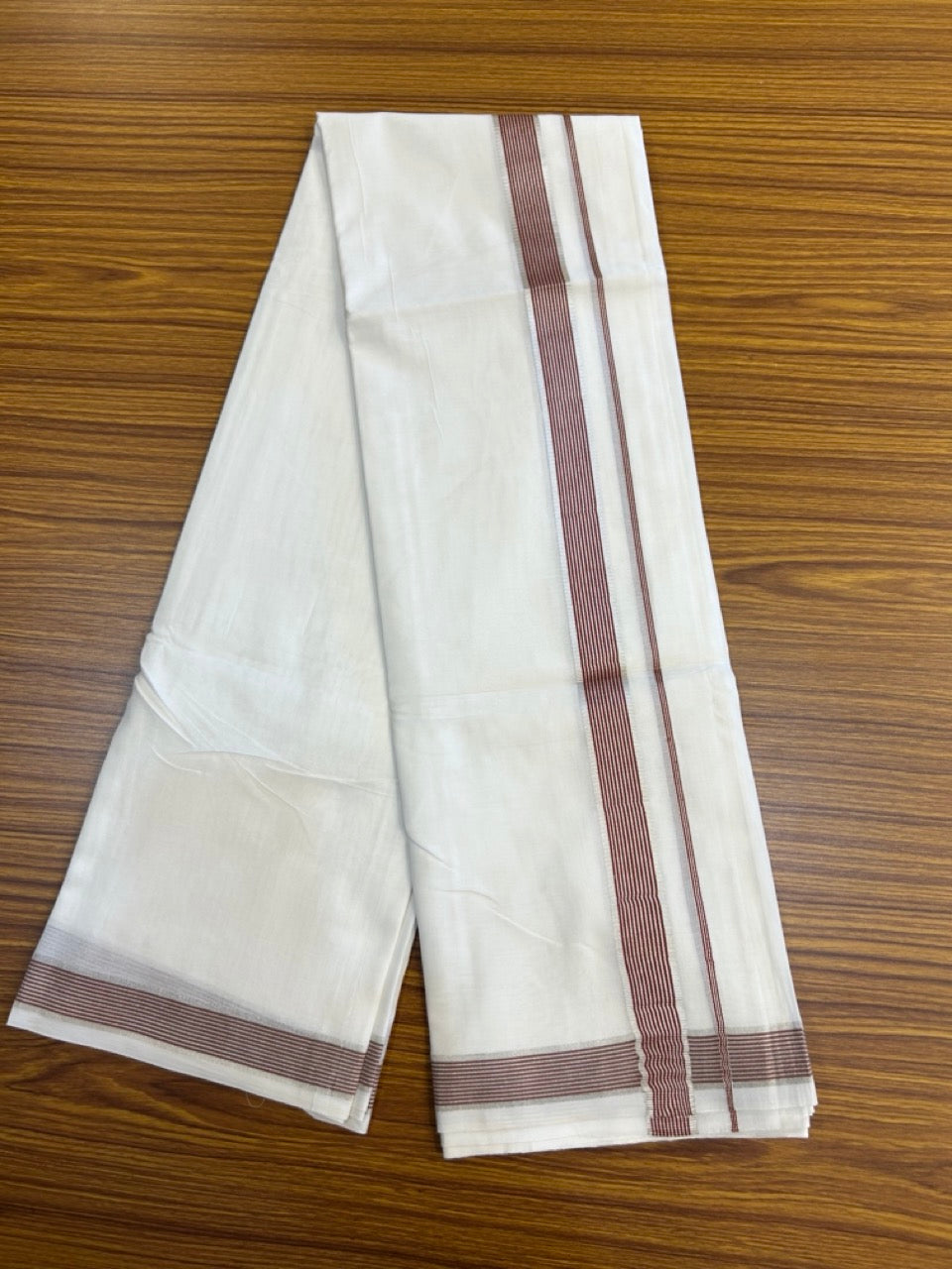 20% Discount ! KaithariKada Balaramapuram 100% Mercerised Cotton Double Ultra Pure white Mundu/Dhoti - 80x80 - 1.25 inch Brown & Silver Kasavu Striped Kara - 110 KK5251 PMC