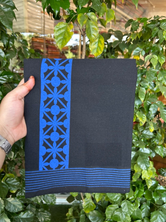 ₹239+80 (Shipping) Kaitharikada - Single Kaily / Lungi - Polyster + Cotton - 20s twisted - 2.5 inch Blue Printed with Black colour body (2 meter / 4 muzham) -  69 KK8035 GAN