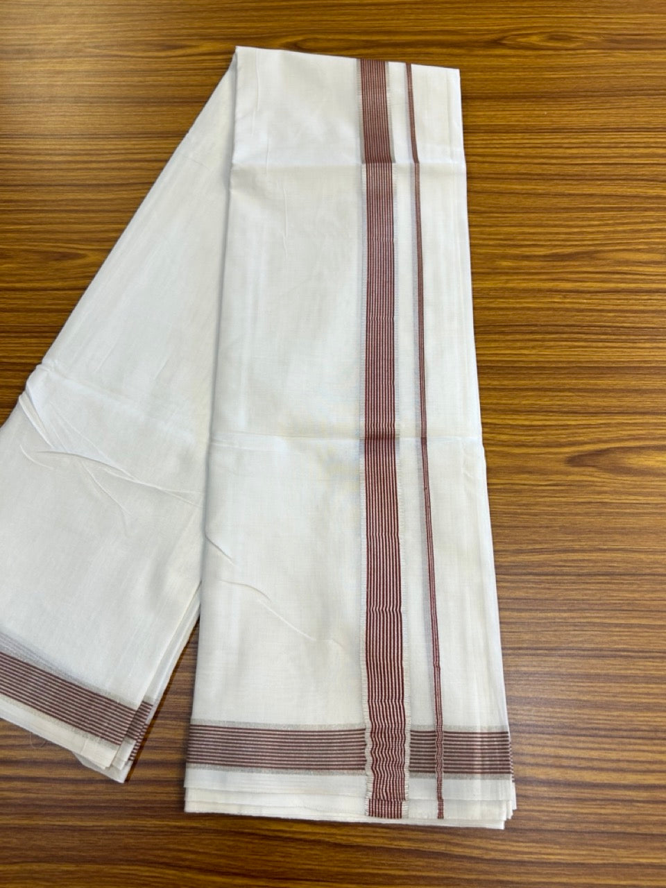 20% Discount ! KaithariKada Balaramapuram 100% Mercerised Cotton Double Ultra Pure white Mundu/Dhoti - 80x80 - 1.25 inch Brown & Silver Kasavu Striped Kara - 110 KK5251 PMC