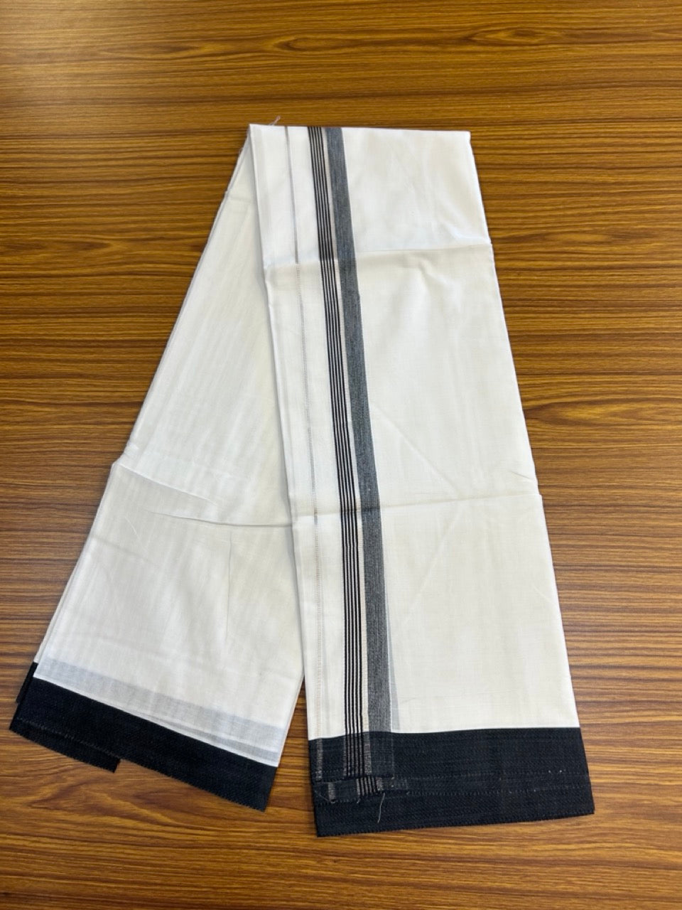 23% Discount! KaithariKada Balaramapuram 100% Mercerised Cotton Double Ultra Pure white Mundu/Dhoti - 80x80 - 1.5 inch Silver Kasavu & Black shaded striped Kara - 118 KK5251 PMC