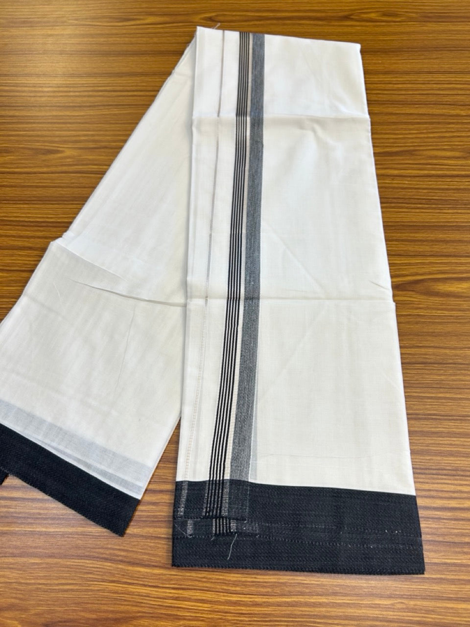 23% Discount! KaithariKada Balaramapuram 100% Mercerised Cotton Double Ultra Pure white Mundu/Dhoti - 80x80 - 1.5 inch Silver Kasavu & Black shaded striped Kara - 118 KK5251 PMC