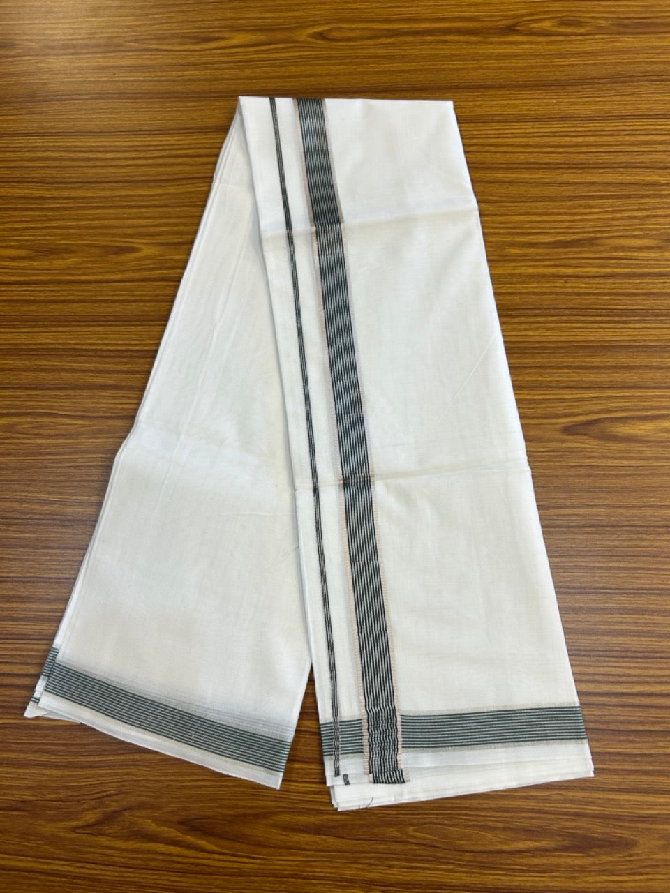 20% Discount ! KaithariKada Balaramapuram 100% Mercerised Cotton Double Ultra Pure white Mundu/Dhoti - 80x80 - 1.25 inch Green & Silver Kasavu Striped Kara - 111 KK5251 PMC