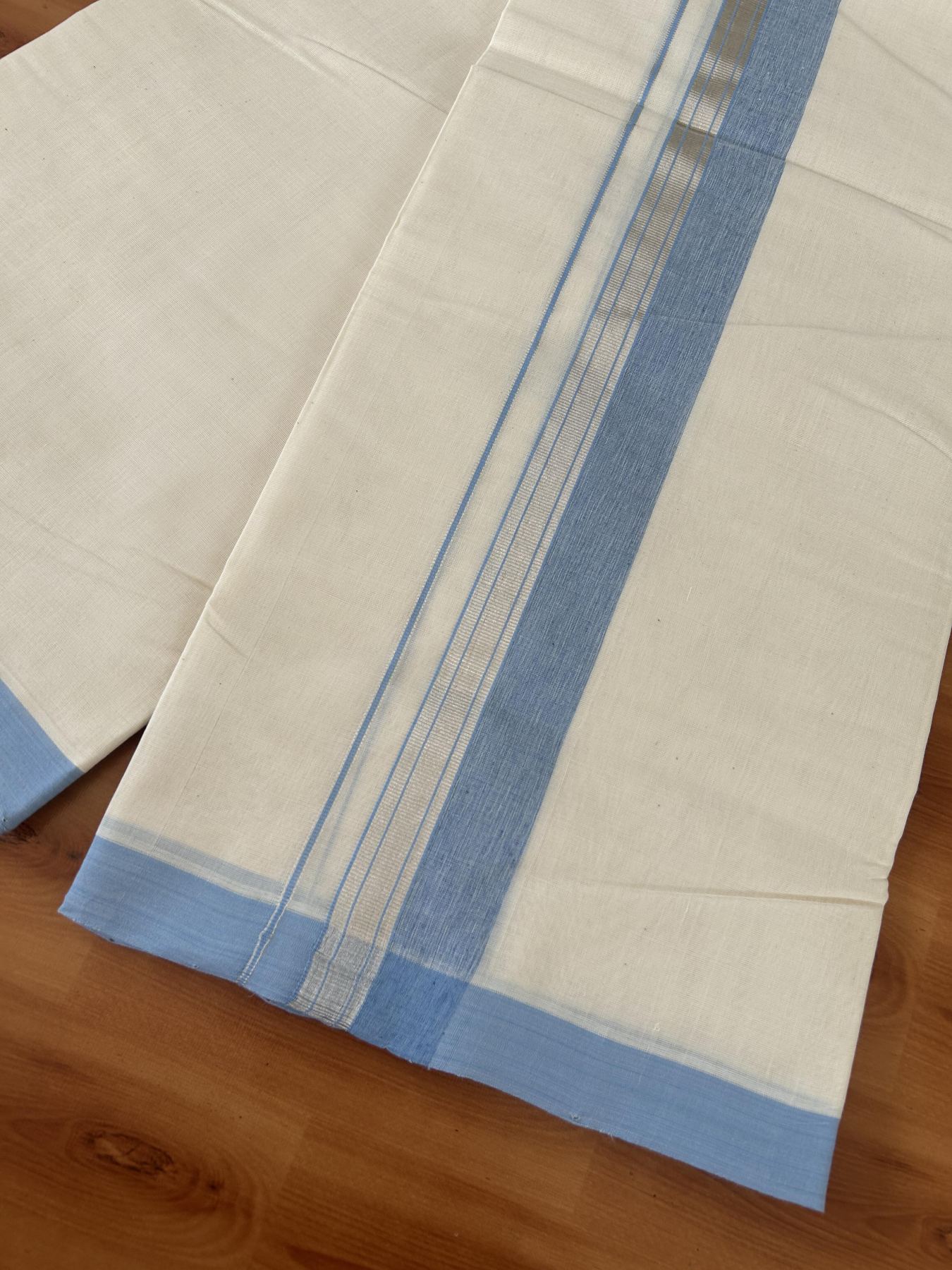 25% Discount ! KaithariKada Handloom Millpaav - Kerala Handloom - 100% Pure Cotton Off White (Unbleached) Double Mundu/Dhoti - 80x90 - 2 inch Silver Kasav & Light Blue Shaded Striped Kara 4 Meters (8.5 Muzham) - 38 KK5386 RAM
