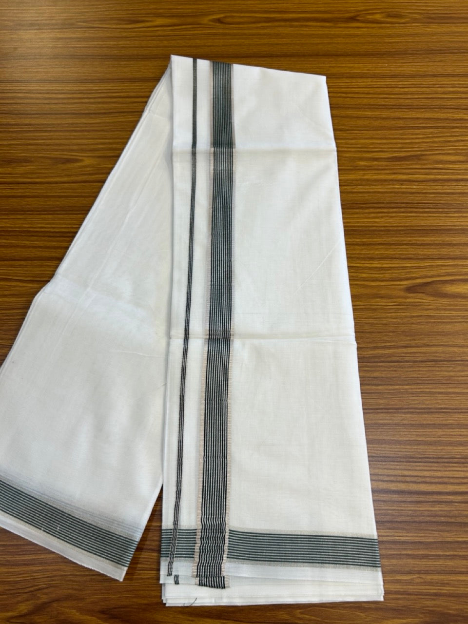 20% Discount ! KaithariKada Balaramapuram 100% Mercerised Cotton Double Ultra Pure white Mundu/Dhoti - 80x80 - 1.25 inch Green & Silver Kasavu Striped Kara - 111 KK5251 PMC