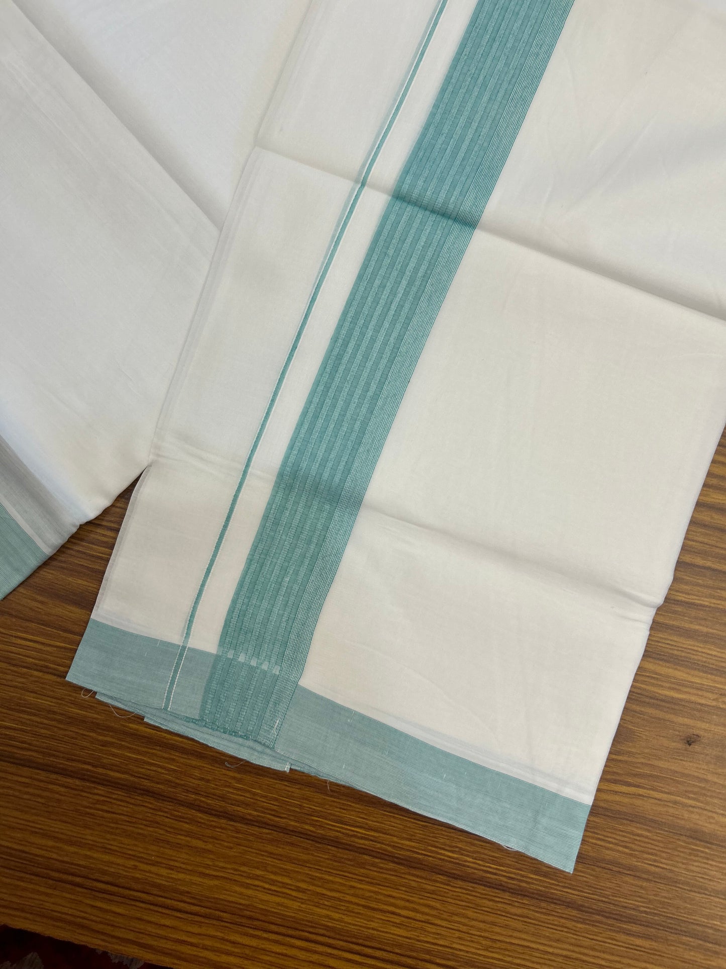 20% Discount ! Kaitharikada Balaramapuram 100% Cotton Pure White Double Mundu/Dothi - 100x100 - 1.5 inch Turquoise Green Striped Kara - 41 KK5371 GAN