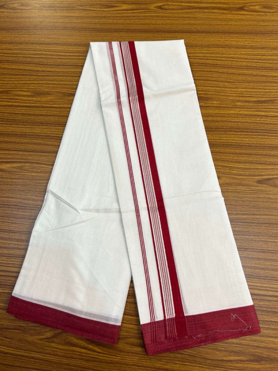 23% Discount! KaithariKada Balaramapuram 100% Mercerised Cotton Double Ultra Pure white Mundu/Dhoti - 80x80 - 1.5 inch Silver Kasavu & Maroon striped Kara - 115 KK5251 PMC
