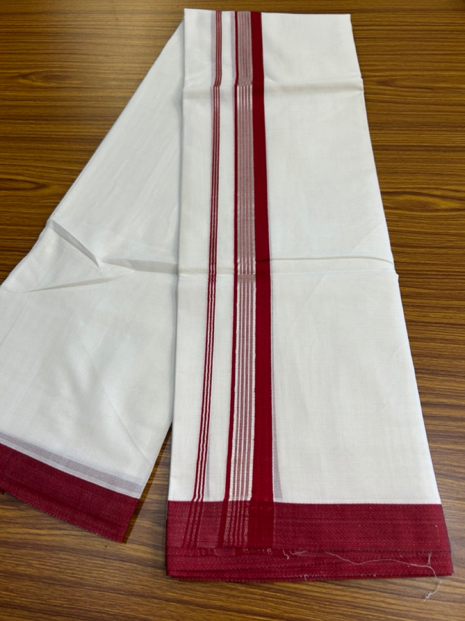 23% Discount! KaithariKada Balaramapuram 100% Mercerised Cotton Double Ultra Pure white Mundu/Dhoti - 80x80 - 1.5 inch Silver Kasavu & Maroon striped Kara - 115 KK5251 PMC