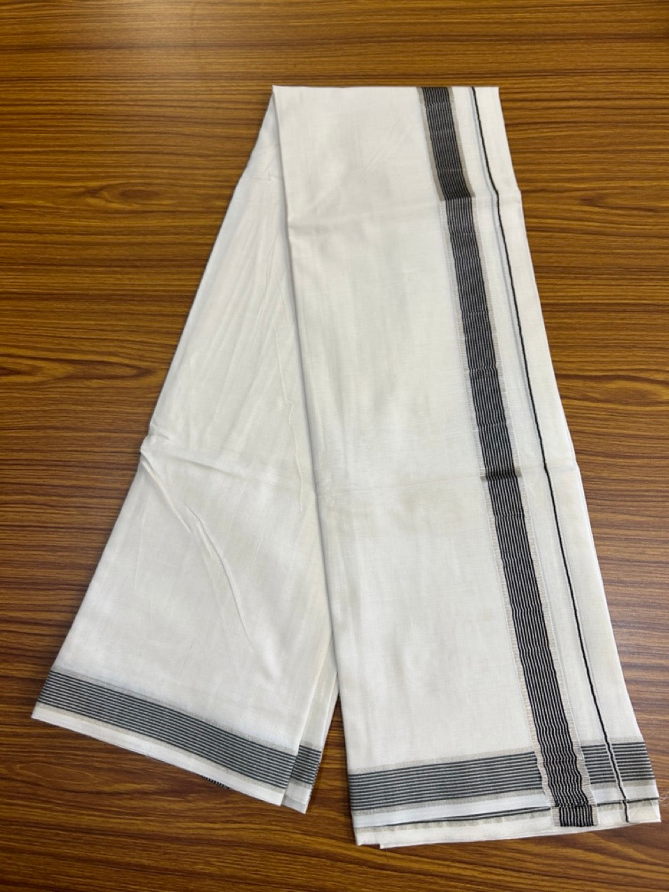 20% Discount ! KaithariKada Balaramapuram 100% Mercerised Cotton Double Ultra Pure white Mundu/Dhoti - 80x80 - 1.25 inch Black & Silver Kasavu Striped Kara - 112 KK5251 PMC