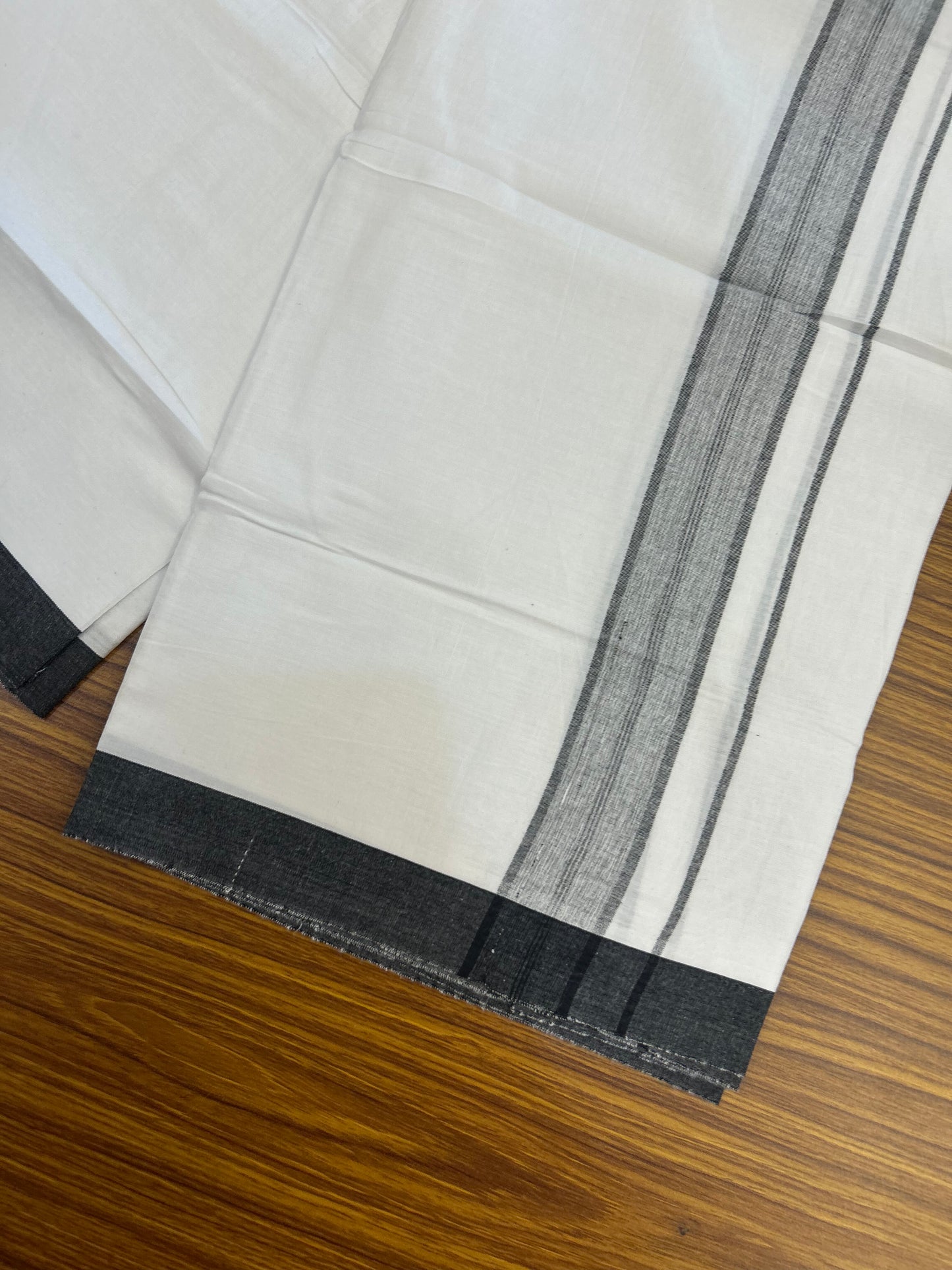 KaithariKada Balaramapuram 100% Cotton Single Pure White Mundu/Dhoti - (40s) - 1.5 inch Black Shaded Stripes kara 2 mtr (4 muzham) - 67 KK535 THI