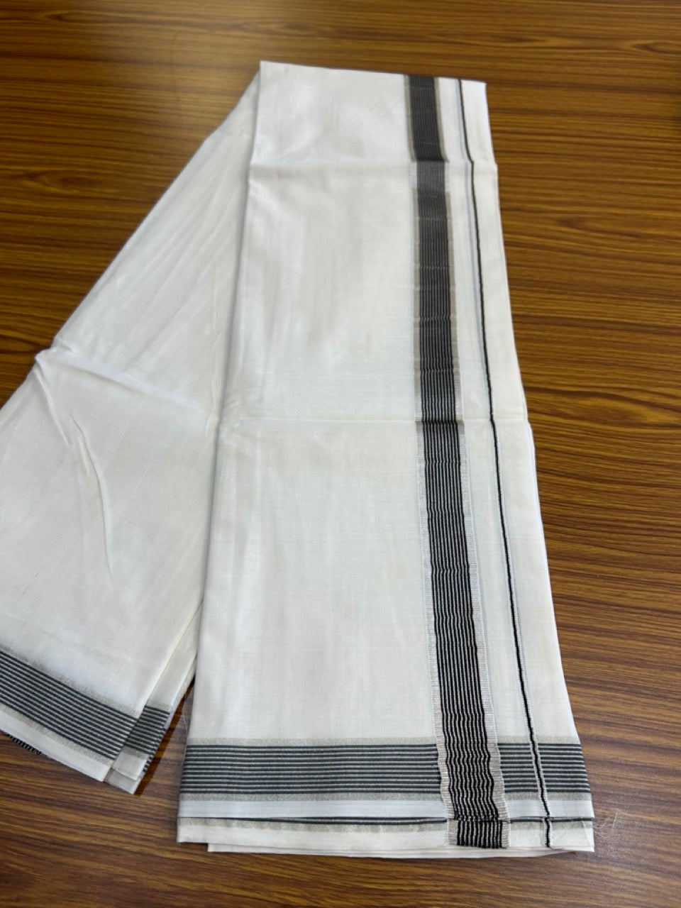20% Discount ! KaithariKada Balaramapuram 100% Mercerised Cotton Double Ultra Pure white Mundu/Dhoti - 80x80 - 1.25 inch Black & Silver Kasavu Striped Kara - 112 KK5251 PMC