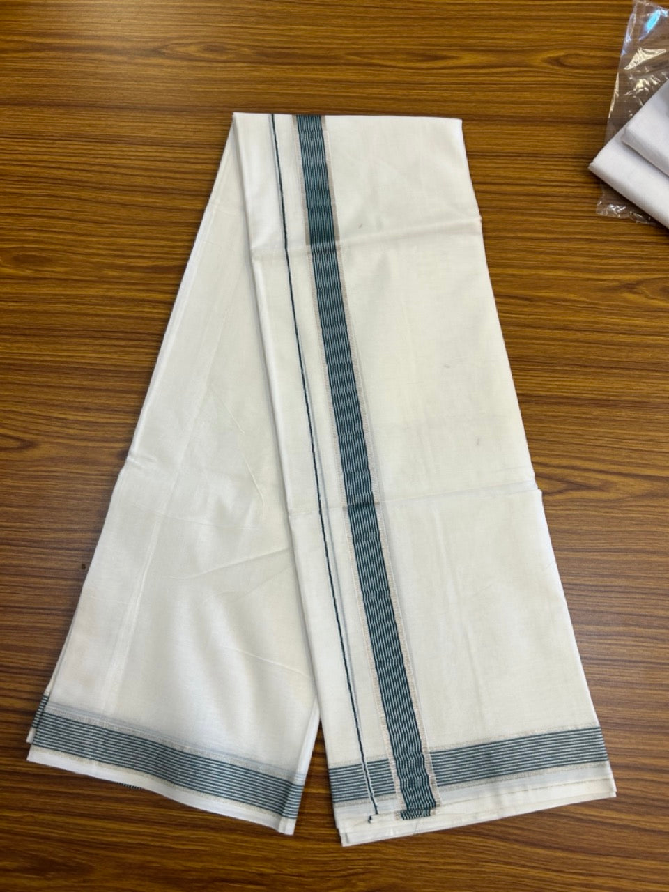20% Discount ! KaithariKada Balaramapuram 100% Mercerised Cotton Double Ultra Pure white Mundu/Dhoti - 80x80 - 1.25 inch Dark Green & Silver Kasavu Striped Kara - 113 KK5251 PMC