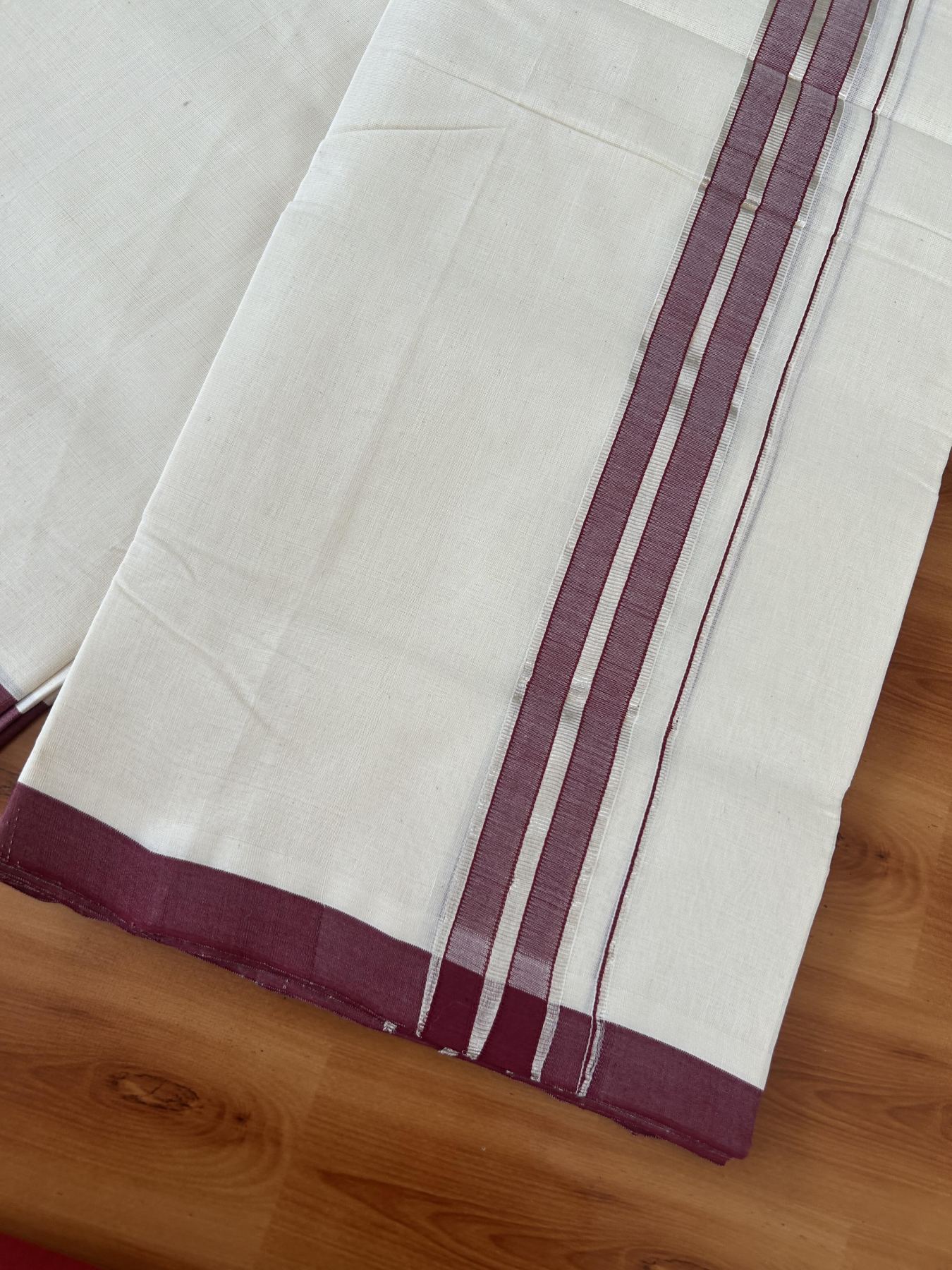 25% Discount ! KaithariKada Handloom Millpaav - Kerala Handloom - 100% Pure Cotton Off White (Unbleached) Double Mundu/Dhoti - 80x90 - 1.5 inch Silver Kasav & Maroon Shaded Striped Kara 4 Meters (8.5 Muzham) - 35 KK5386 RAM