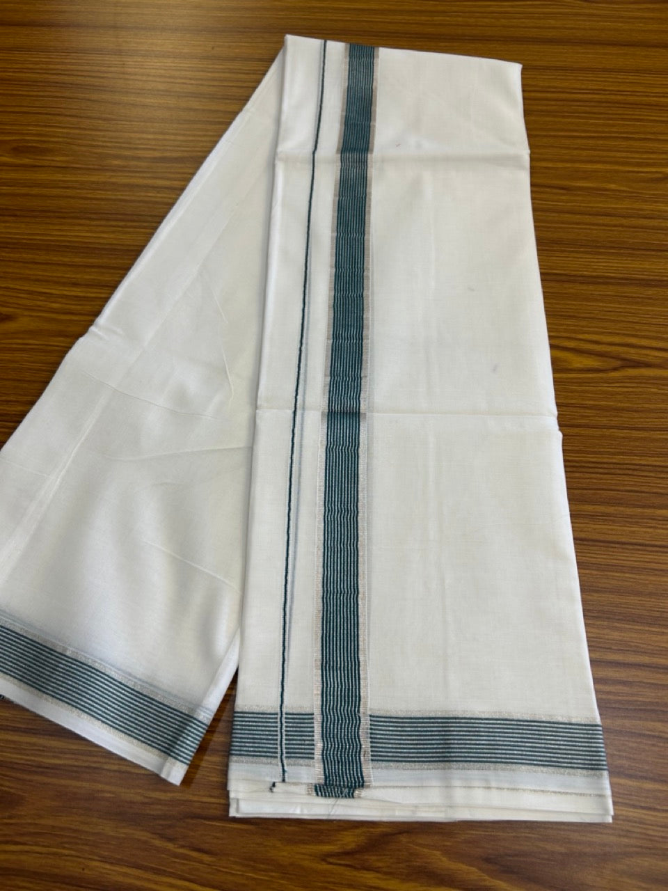 20% Discount ! KaithariKada Balaramapuram 100% Mercerised Cotton Double Ultra Pure white Mundu/Dhoti - 80x80 - 1.25 inch Dark Green & Silver Kasavu Striped Kara - 113 KK5251 PMC