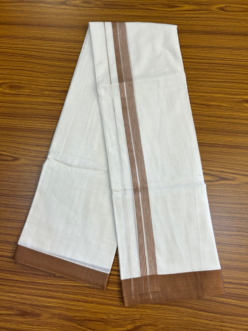 23% Discount! KaithariKada Balaramapuram 100% Mercerised Cotton Double Ultra Pure white Mundu/Dhoti - 80x80 - 1.25 inch Silver Kasavu & Walnut Brown shaded striped Kara - 117 KK5251 PMC