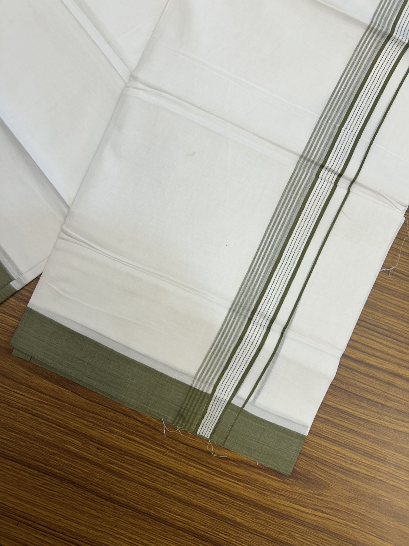 20% Discount!! KaithariKada Balaramapuram 100% Cotton Double Pure White Mundu/Dhoti - 100x100 - 1.25 inch Olive Green Striped Kara 3.96 mtr (8 muzham) - 1 KK5318 GAN
