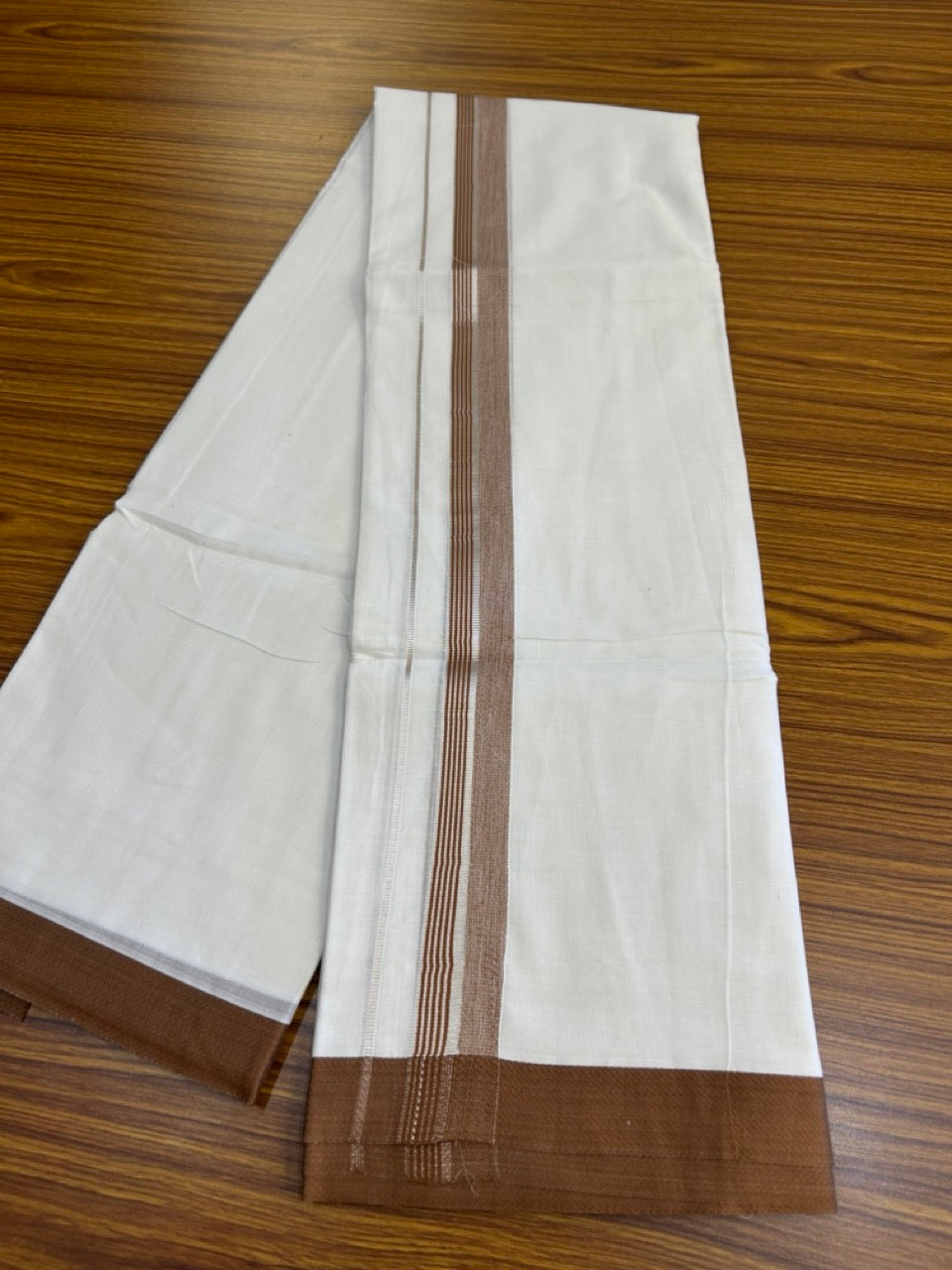 23% Discount! KaithariKada Balaramapuram 100% Mercerised Cotton Double Ultra Pure white Mundu/Dhoti - 80x80 - 1.25 inch Silver Kasavu & Walnut Brown shaded striped Kara - 117 KK5251 PMC