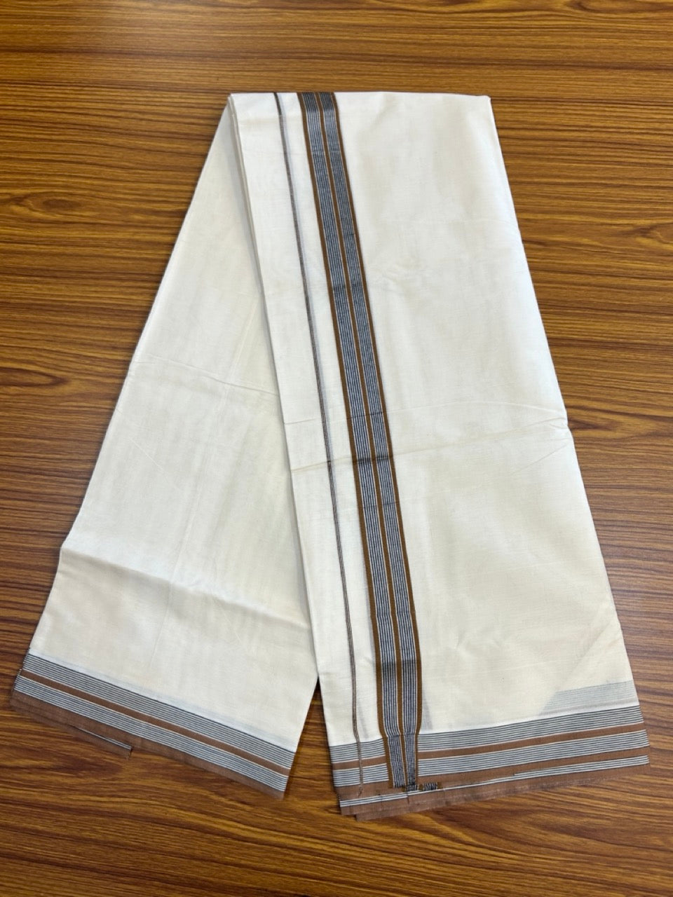 20% Discount ! KaithariKada Balaramapuram 100% Cotton Double OFF WHITE (unbleached) Mundu/Dhoti- 100x80- 1.5 inch Silver Kasavu Brown & Black Striped Kara 4 mtr (8.5 muzham) - 37 KK5251 PMC