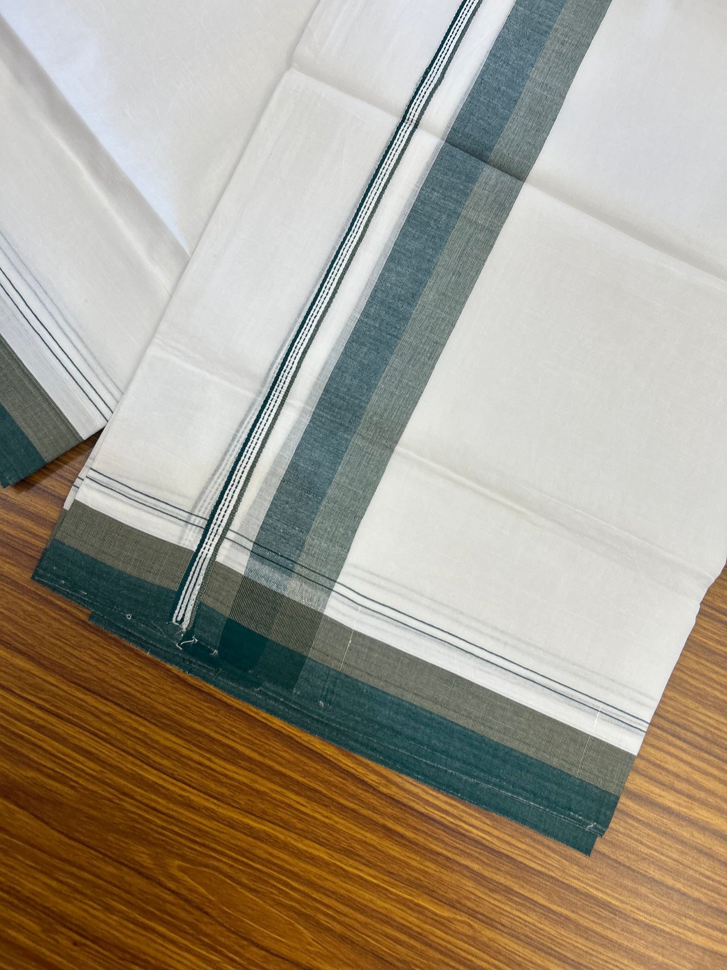 20% Discount! KaithariKada Balaramapuram 100% Cotton Double Pure white Mundu/Dhoti - 100X80 - 1.5 inch Khaki & Bottle Green shaded kara - 4 mtr ( 8.5 muzham) - 68 KK5371 VIN