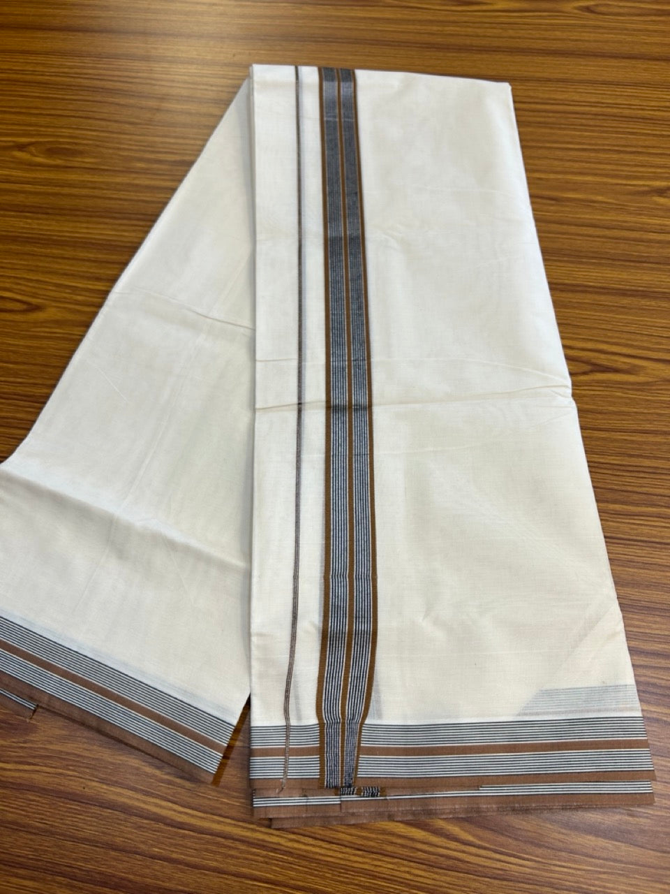 20% Discount ! KaithariKada Balaramapuram 100% Cotton Double OFF WHITE (unbleached) Mundu/Dhoti- 100x80- 1.5 inch Silver Kasavu Brown & Black Striped Kara 4 mtr (8.5 muzham) - 37 KK5251 PMC