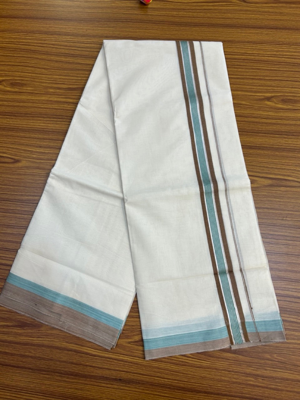 20% Discount ! KaithariKada Balaramapuram 100% Cotton Double OFF WHITE (unbleached) Mundu/Dhoti- 100x80- 1.5 inch Silver Kasavu Brown & Teal Green Striped Kara 4 mtr (8.5 muzham) - 38 KK5251 PMC