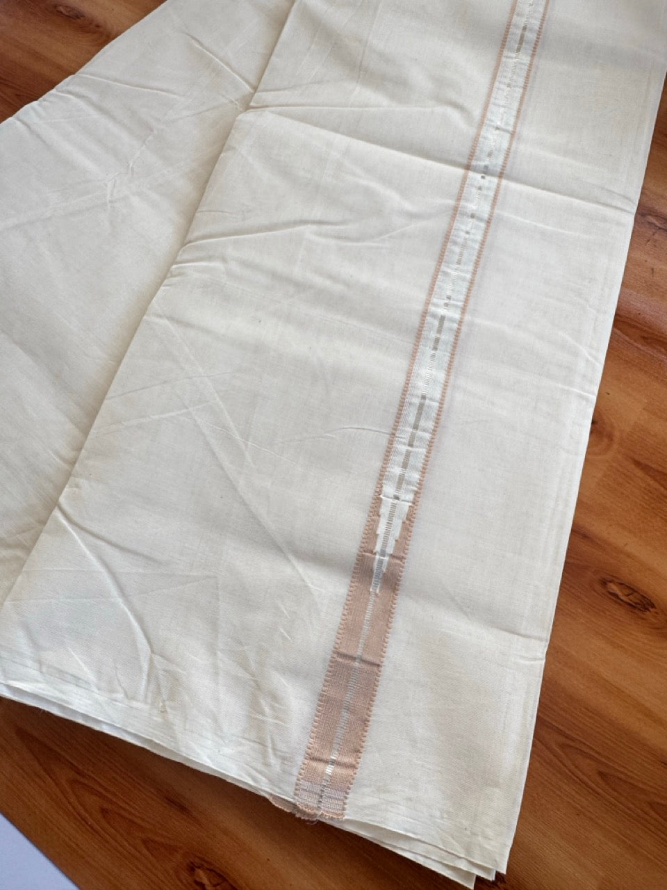 Double Off white Kerala Mundu / Dhoti - 20% Discount! KaithariKada 100% Cotton - 100x100 - Muthukuri Cream Brown Chutty & Silver Kasav kara 4 mtr (8.5 muzham) - 5 KK5486 ASH