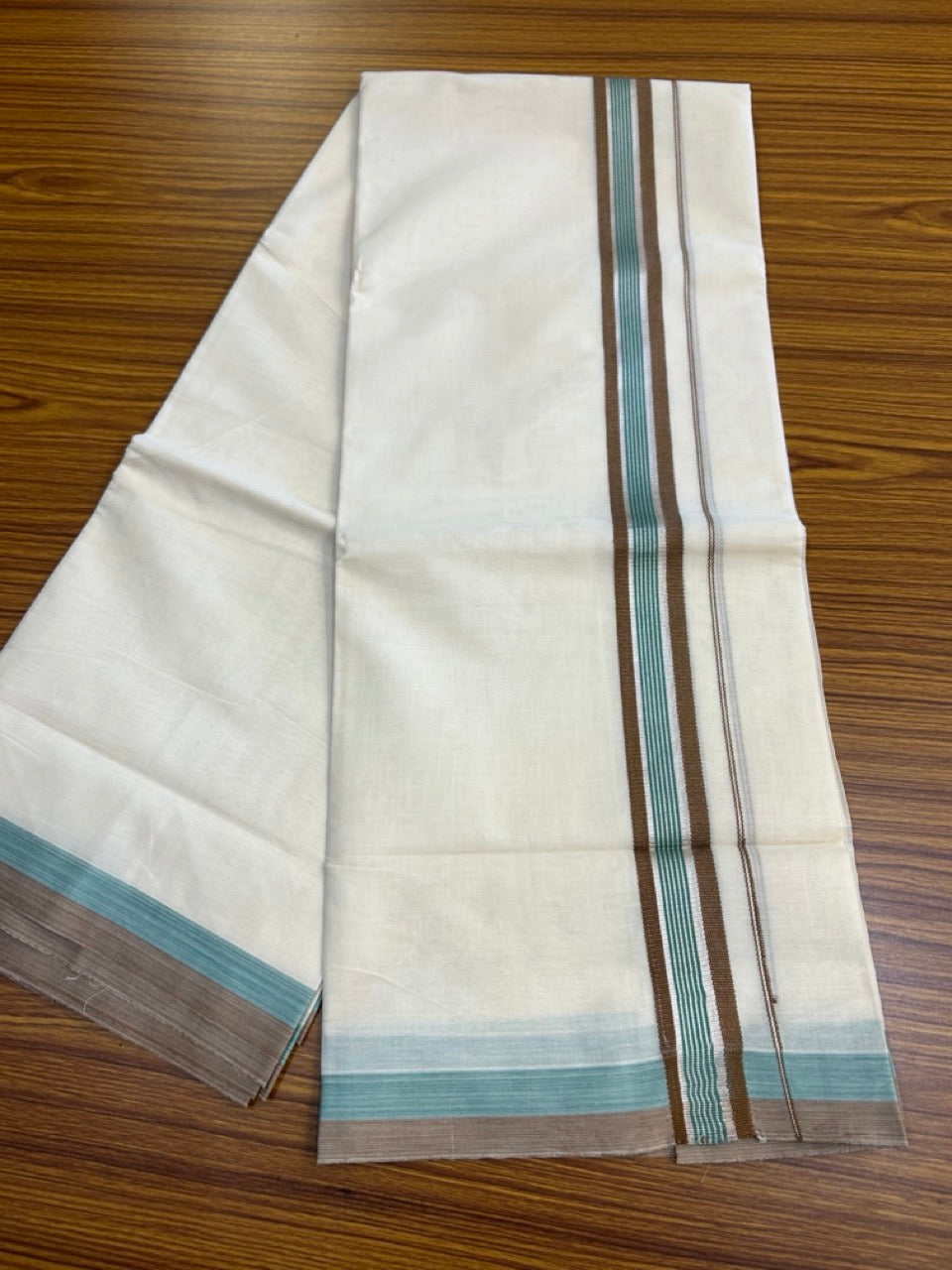 20% Discount ! KaithariKada Balaramapuram 100% Cotton Double OFF WHITE (unbleached) Mundu/Dhoti- 100x80- 1.5 inch Silver Kasavu Brown & Teal Green Striped Kara 4 mtr (8.5 muzham) - 38 KK5251 PMC
