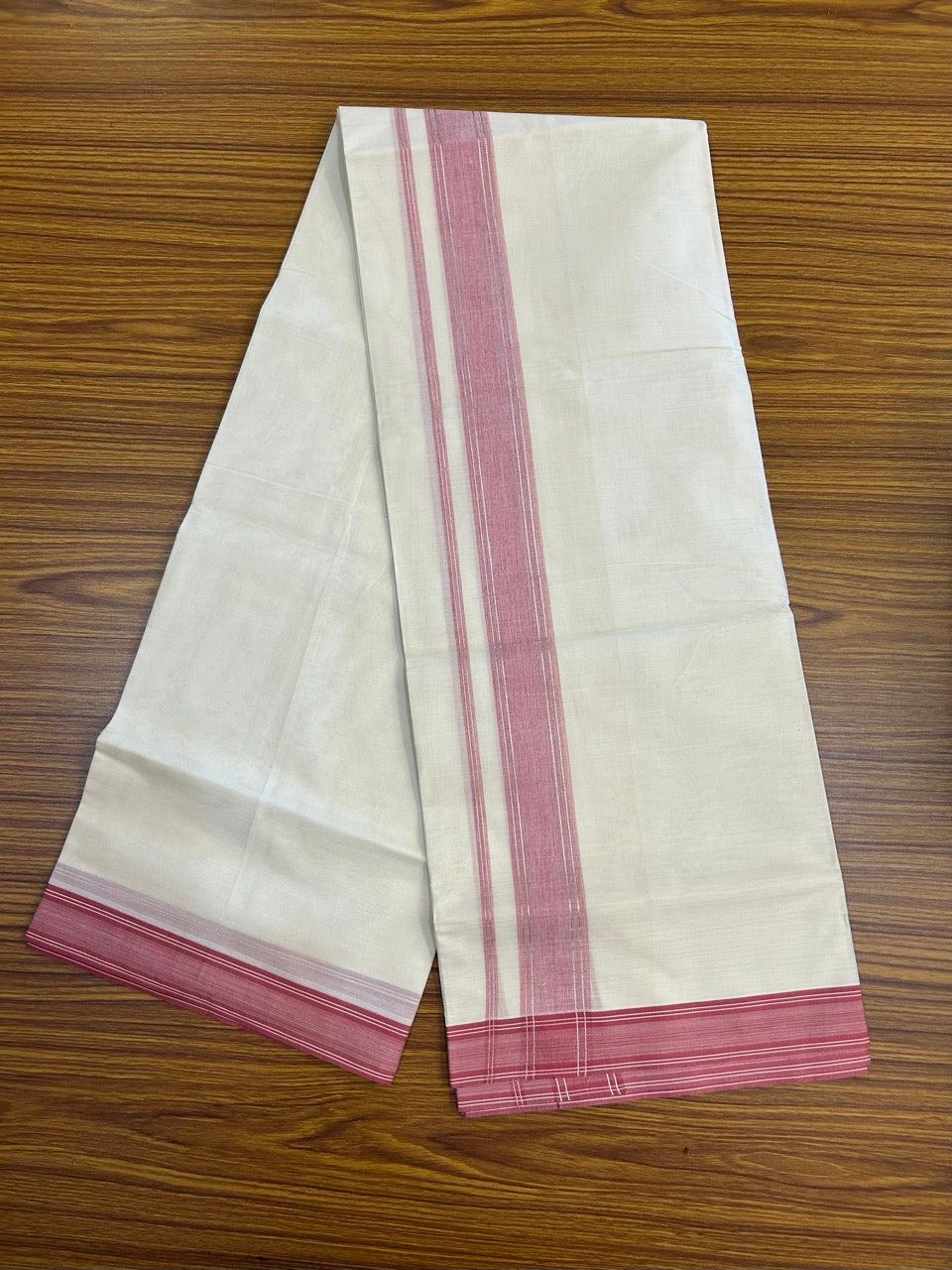 20% Discount ! KaithariKada Balaramapuram 100% Cotton Double OFF WHITE (unbleached) Mundu/Dhoti- 100x80- 1.75 inch Silver Kasavu & Rose Pink Striped Kara 4 mtr (8.5 muzham) - 40 KK5251 PMC